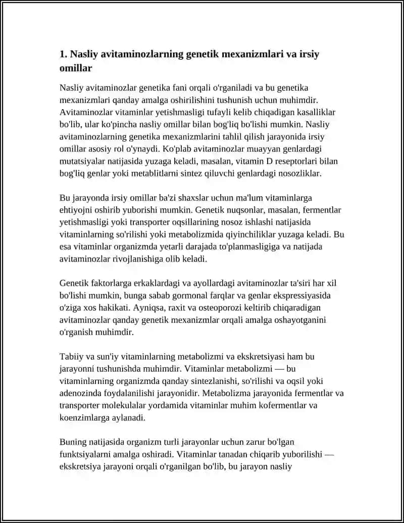 NASLIY AVITOMINOZLAR.TABIIY VA SUNʼIY VITAMINLARNI METABOLIZMI VA EKSKRETSIYALANISHI. RAXIT VA OSTEOPOROZ PATOGENEZI VA DAVOLASH USULLARI 4