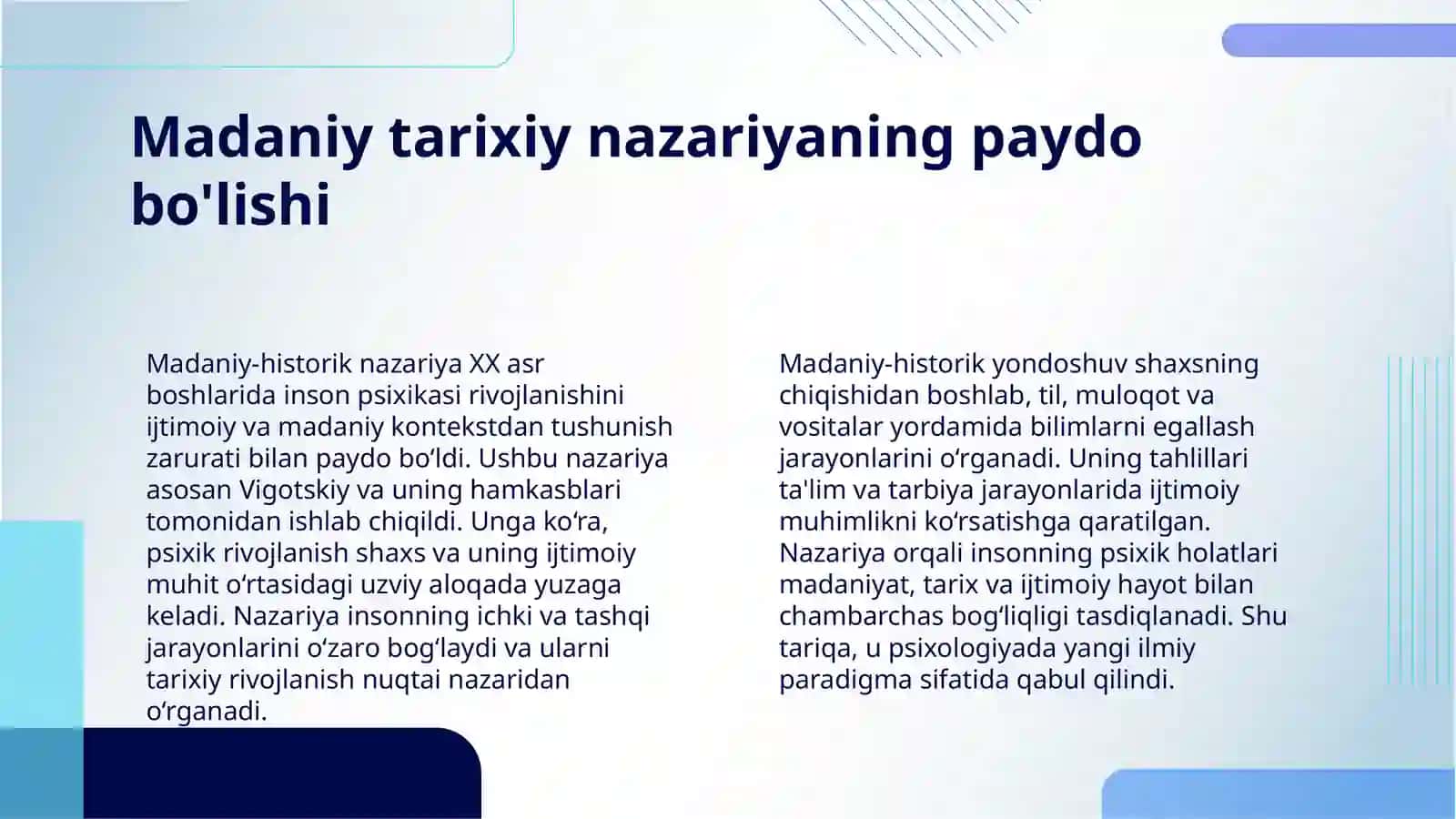 PSIXIK RIVOJLANISHNI TUSHINISHNING MADANIY TARIXIY KONSEPSIYASI L.S.VIGOTISKIY VA UNING MAKTABI 4