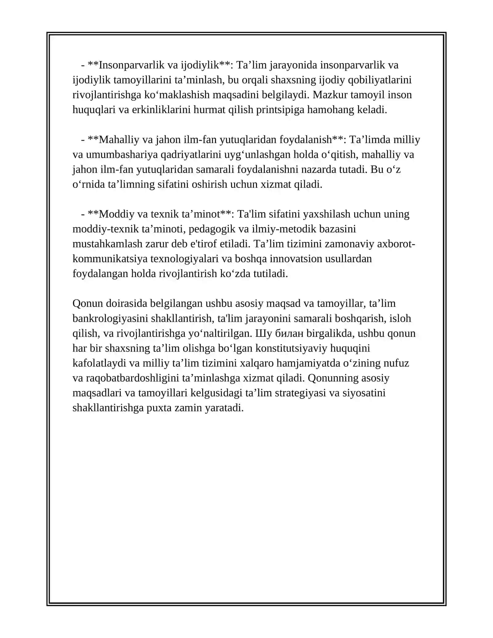 OʻZBEKISTON RESPUBLIKASI TA'LIM TOʻGʻRISIDAGI QONUN MOHIYATI 4