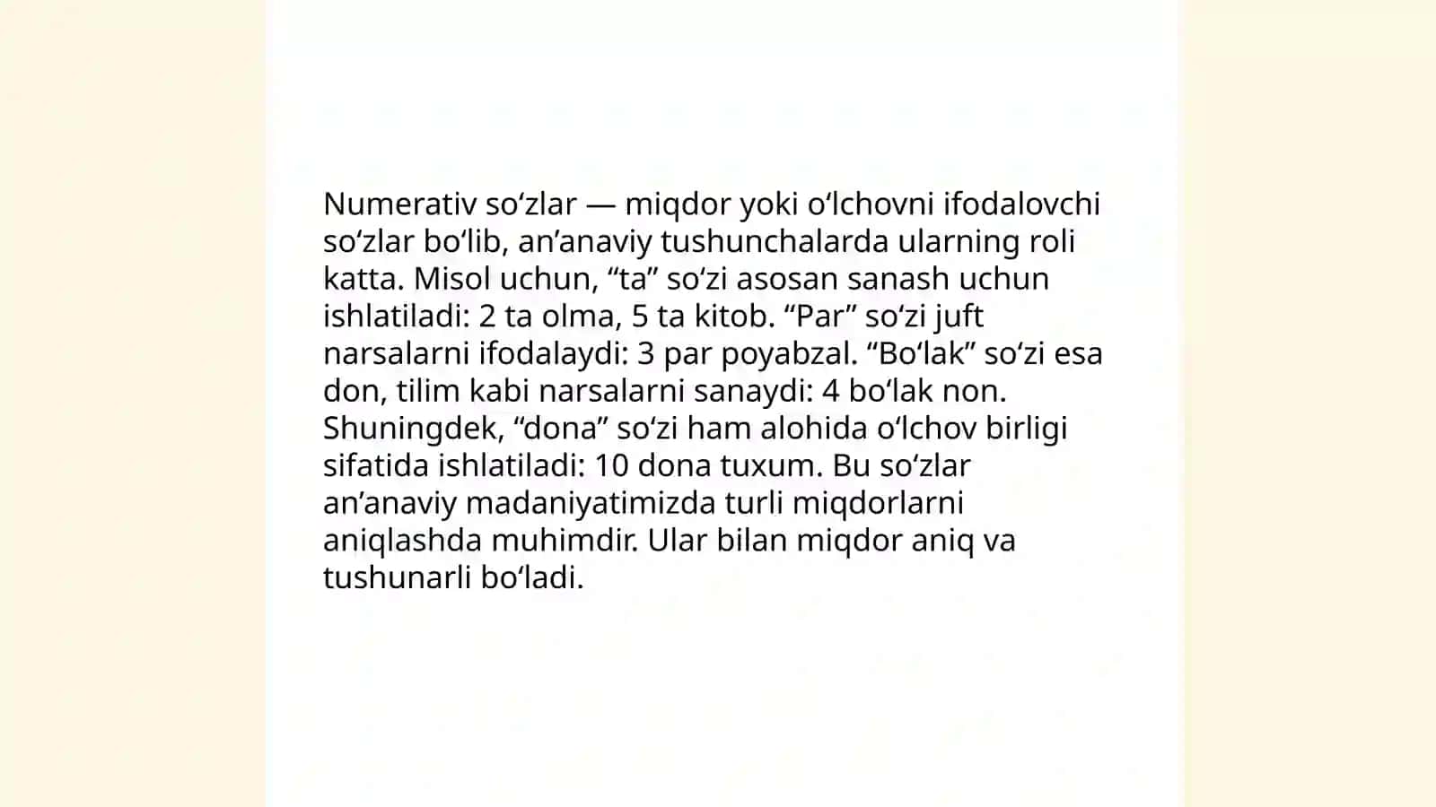 Miqdor bildiruvchi so‘zlаr, numerаtiv (hisob) so‘zlаri, bir sonining uslubiy xususiyatlari 4