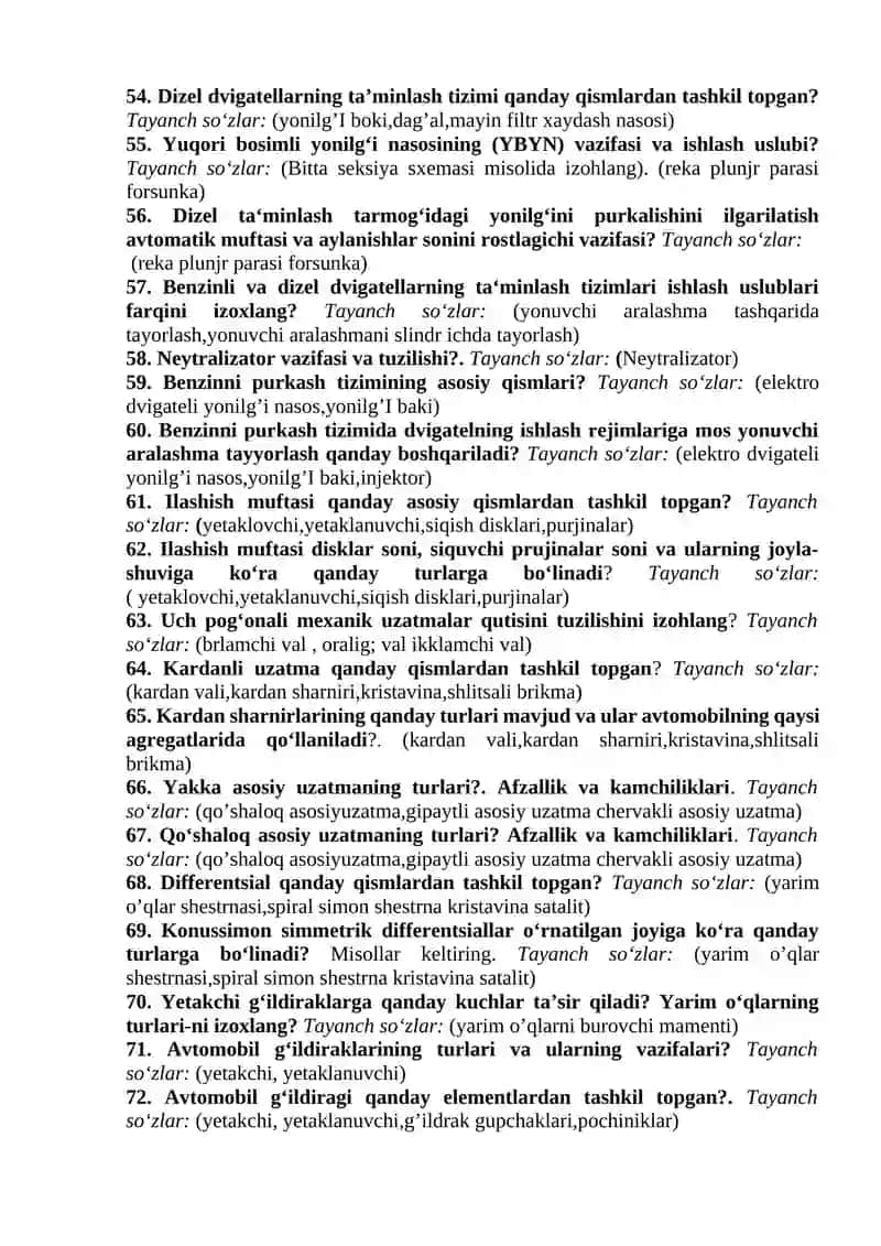 Transport vositalari konstruksiyasi fanidan nazorat savollari (DAK) uchun 4