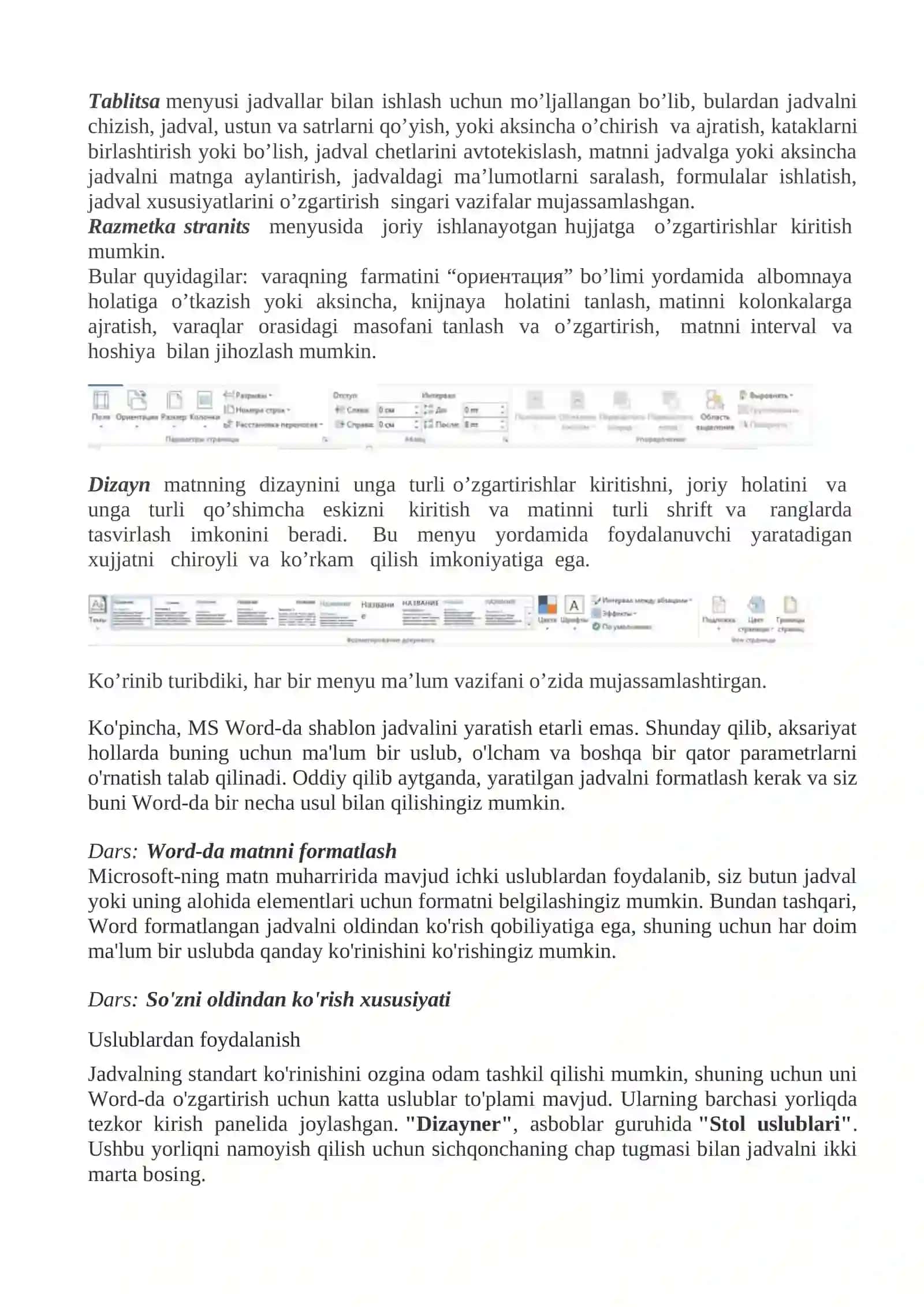 WORD 2016 MATN TAXRIRLAGICHNING “DIZAYN” MENYUSI BO’LIMLARI VA ULARNING VAZIFALARI 4