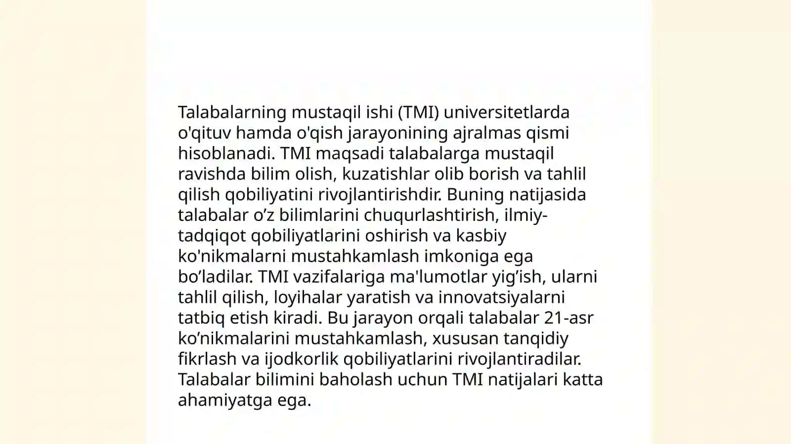 Talabalarning mustaqil ishi va mustaqil mashg'ulotlarni tashkil etishning o'ziga xos xususiyatlari 4