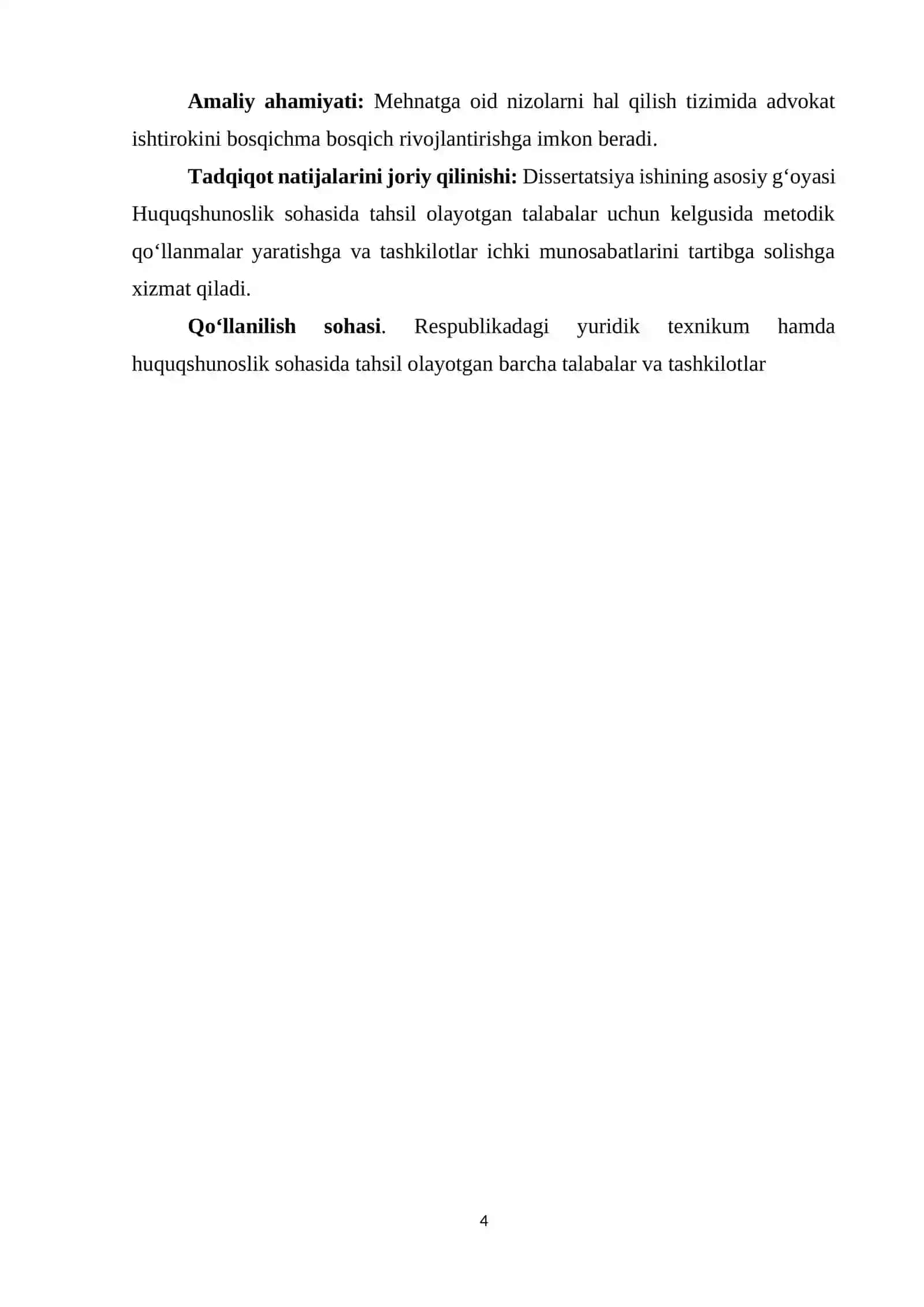 Magistrlik dissertatsiyasi "Mehnatga oid nizolarni hal qilishda advokat ishtiroki" 4