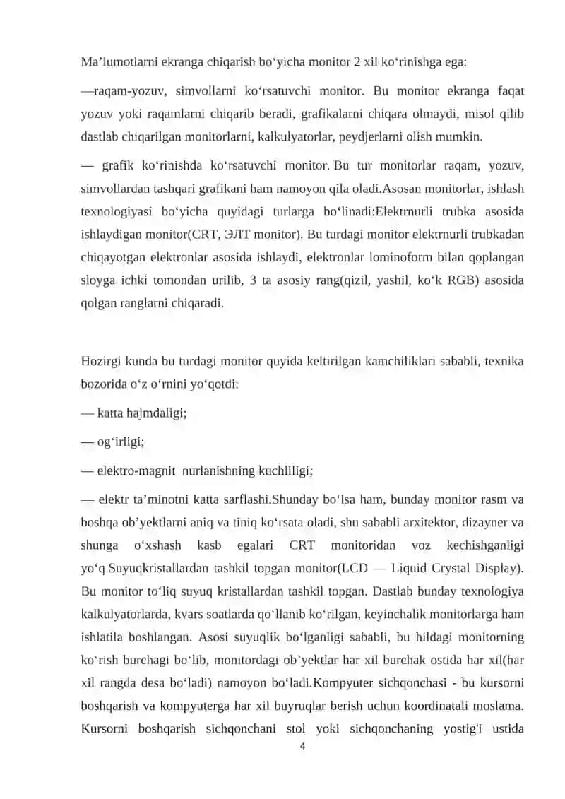 Monitor va sichqoncha qurilmalarining turlari va vazifalari 4