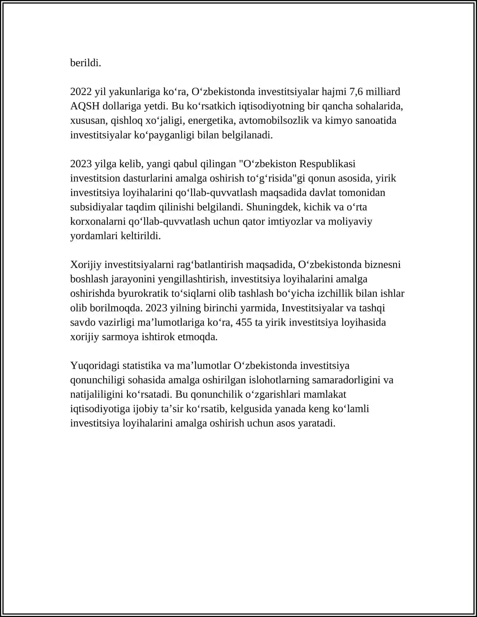 OʻZBEKISTON RESPUBLIKASIDA INVESTITSIYA FAOLIYATLARINI SAMARALI TASHKIL ETISH ISTIQBOLLARI 4