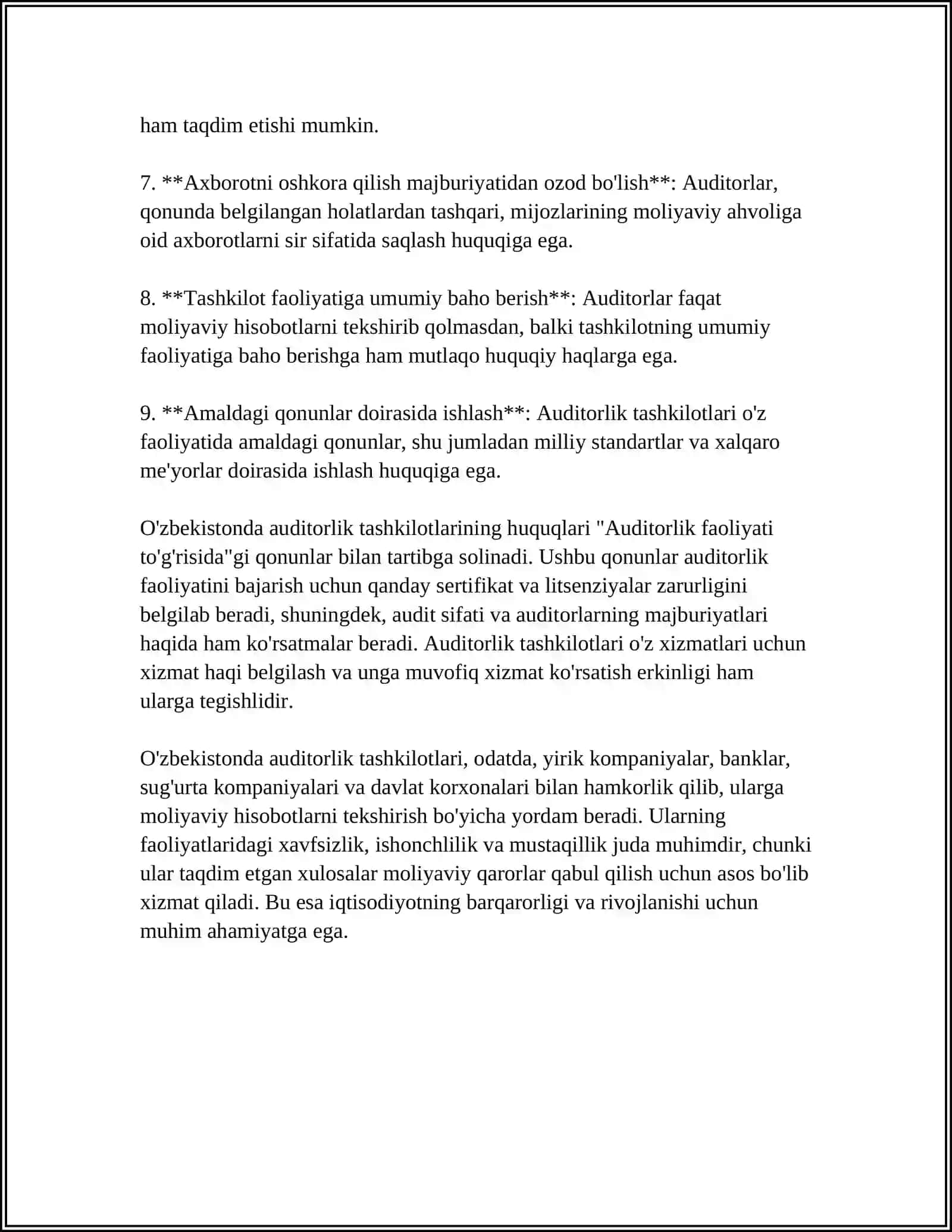 AUDITORLIK TASHKILOTINING XUQUQLARI, MAJBURIYATLARI VA JAVOBGARLIGI 4