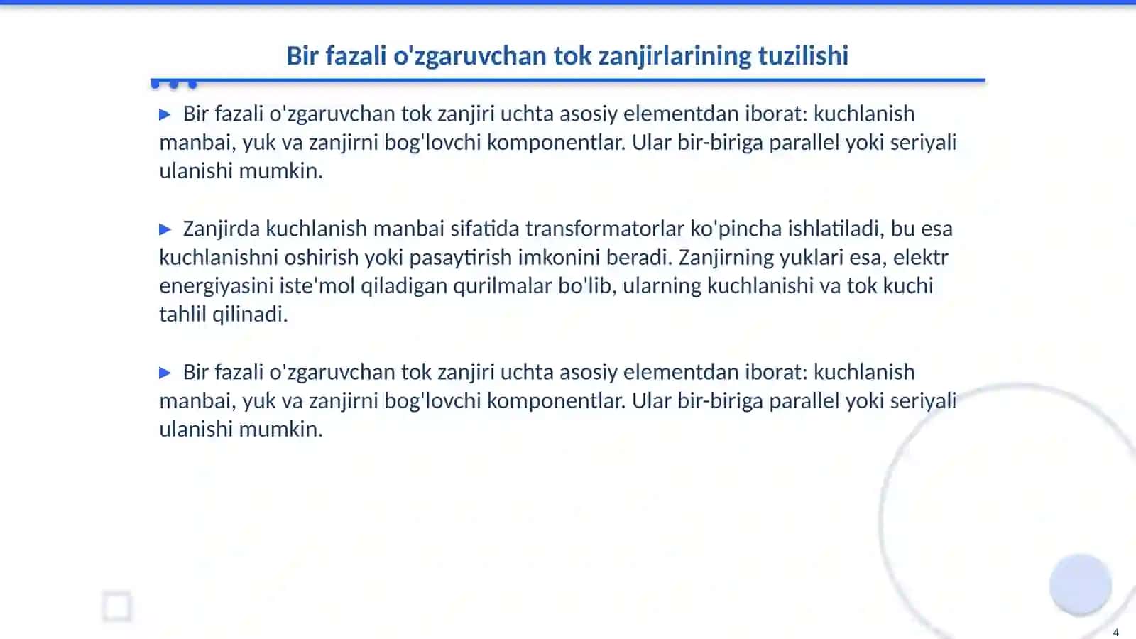 Bir fazali o'zgaruvchan tok elektr zanjirlari 4