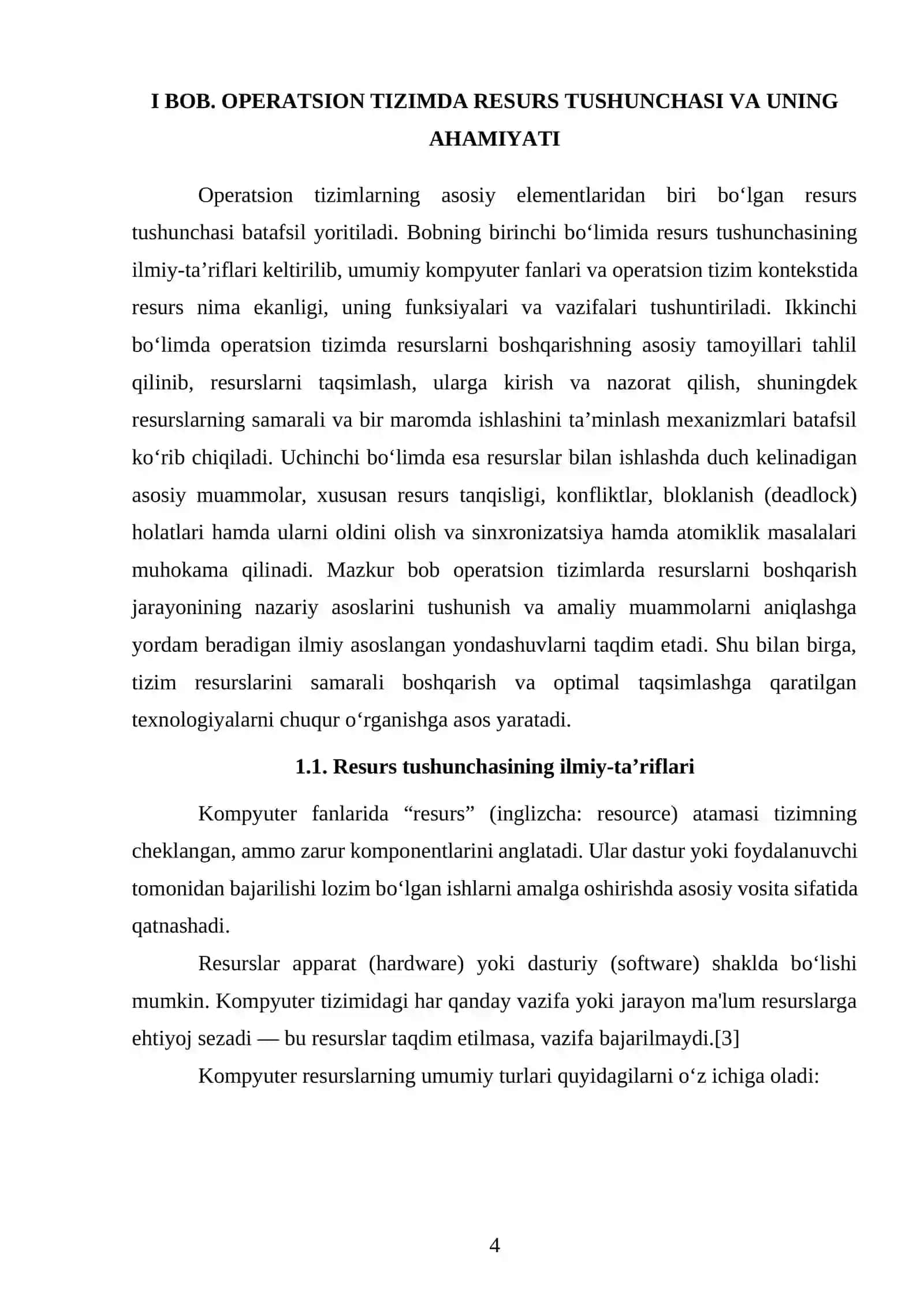 “Operatsion tizimlarda resurs tushunchasi, resurslarni sinflashtirish” 4