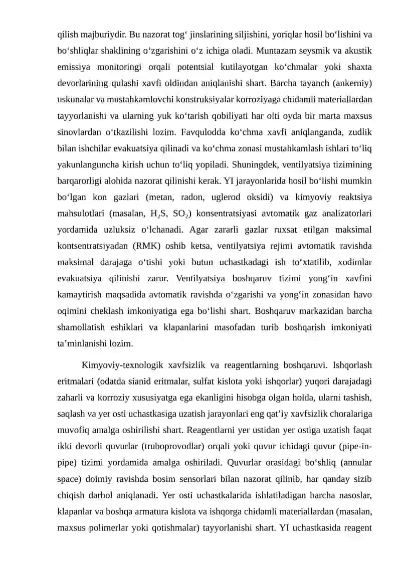 Yer ostida ishqorlash uchastkalari, kimyoviy va gidrometallurgik ishlab chiqarishda halokatlarni oldini olish rejasini tuzish bo‘yicha yo‘riqnomalar 4