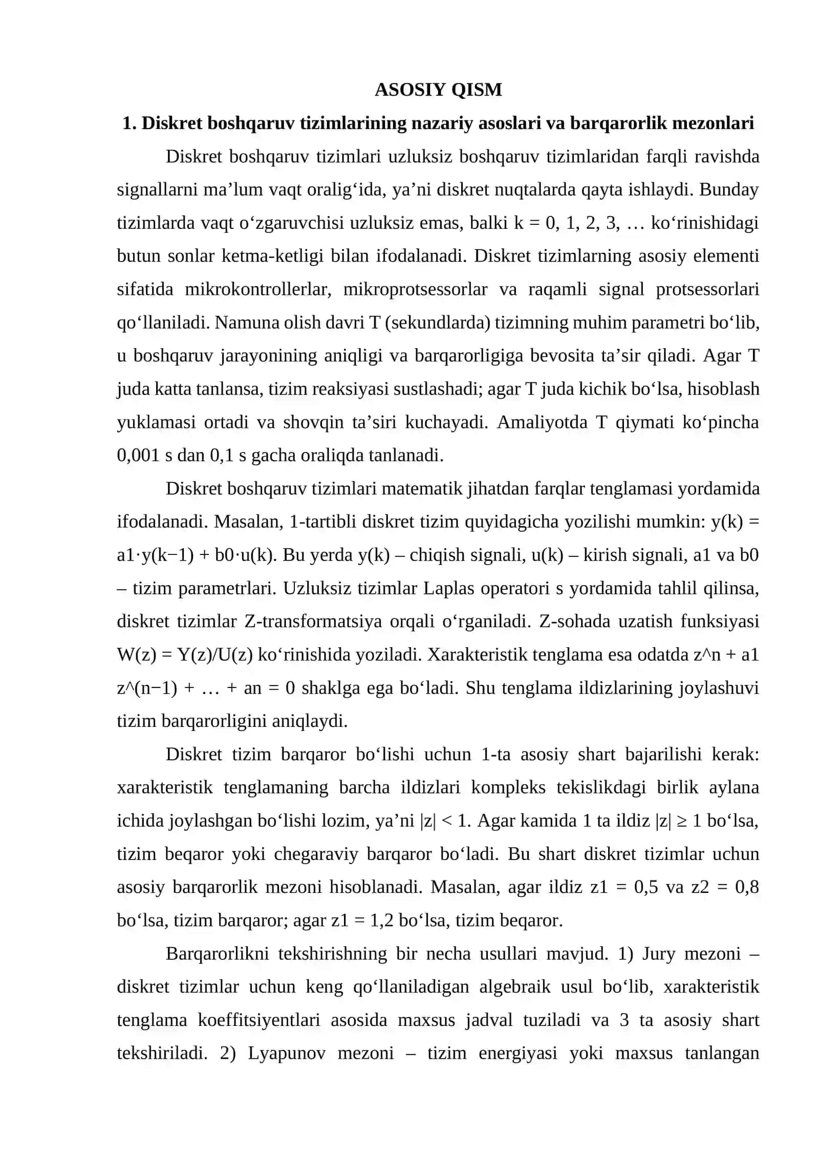 Diskret boshqaruv tizimlarining barqarorlik mezonlari. Arduino bilan avtomatik tezlik boshqaruv moduli yaratish. 4