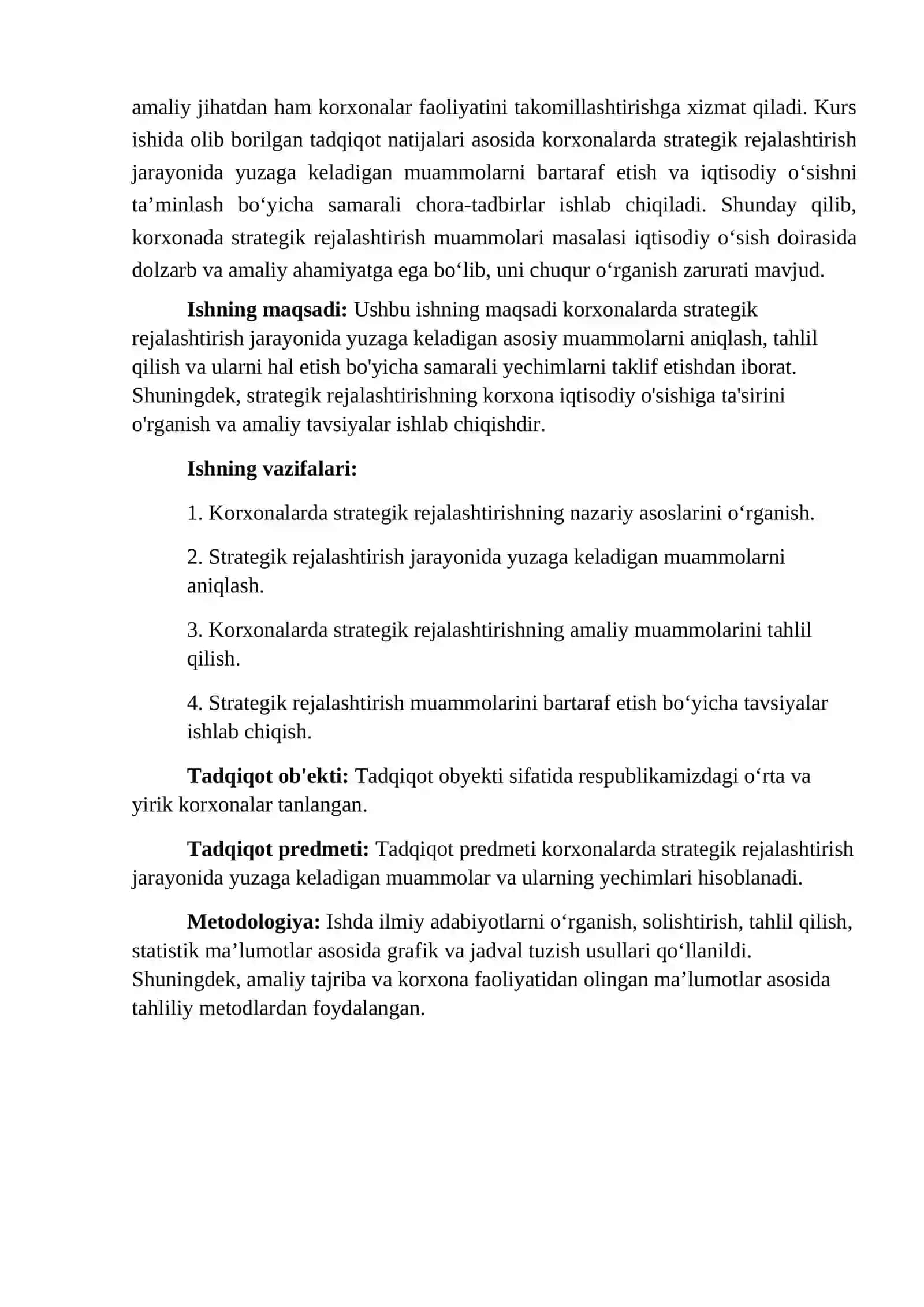 Kurs ishi "Korxonada strategik rejalashtirish muammolari" 4