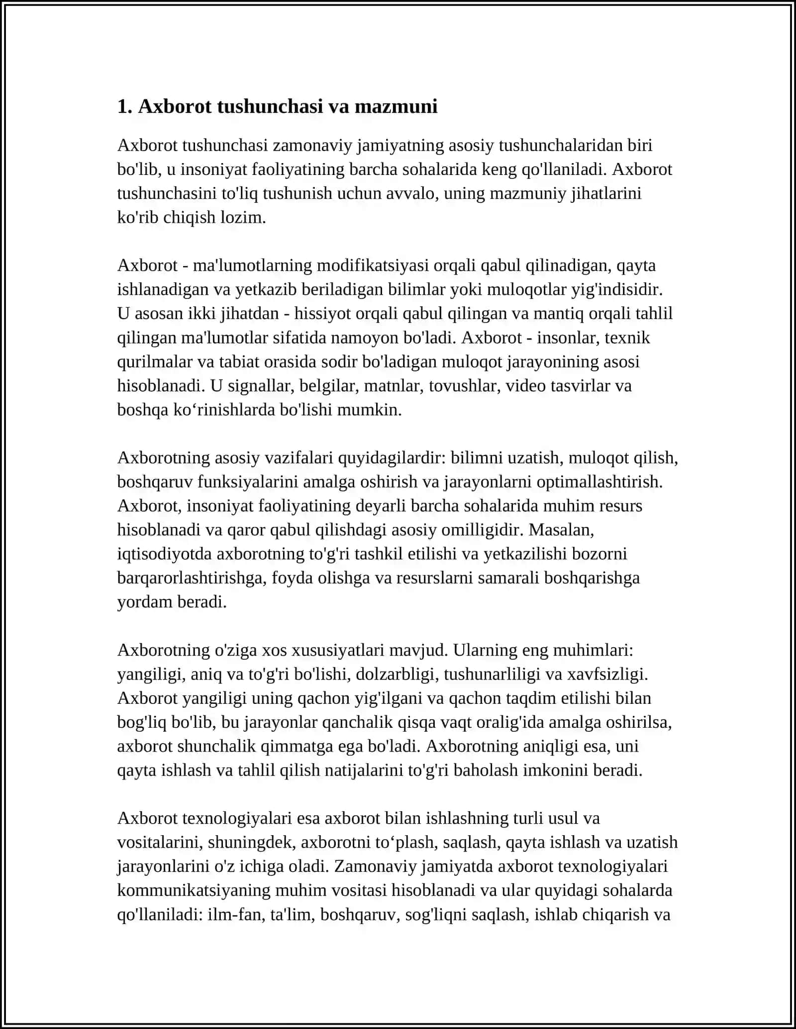 MAVZU: AXBOROT HAQIDA TUSHUNCHA. AXBOROT TEXNOLOGIYALARI HAQIDA MA'LUMOT 4