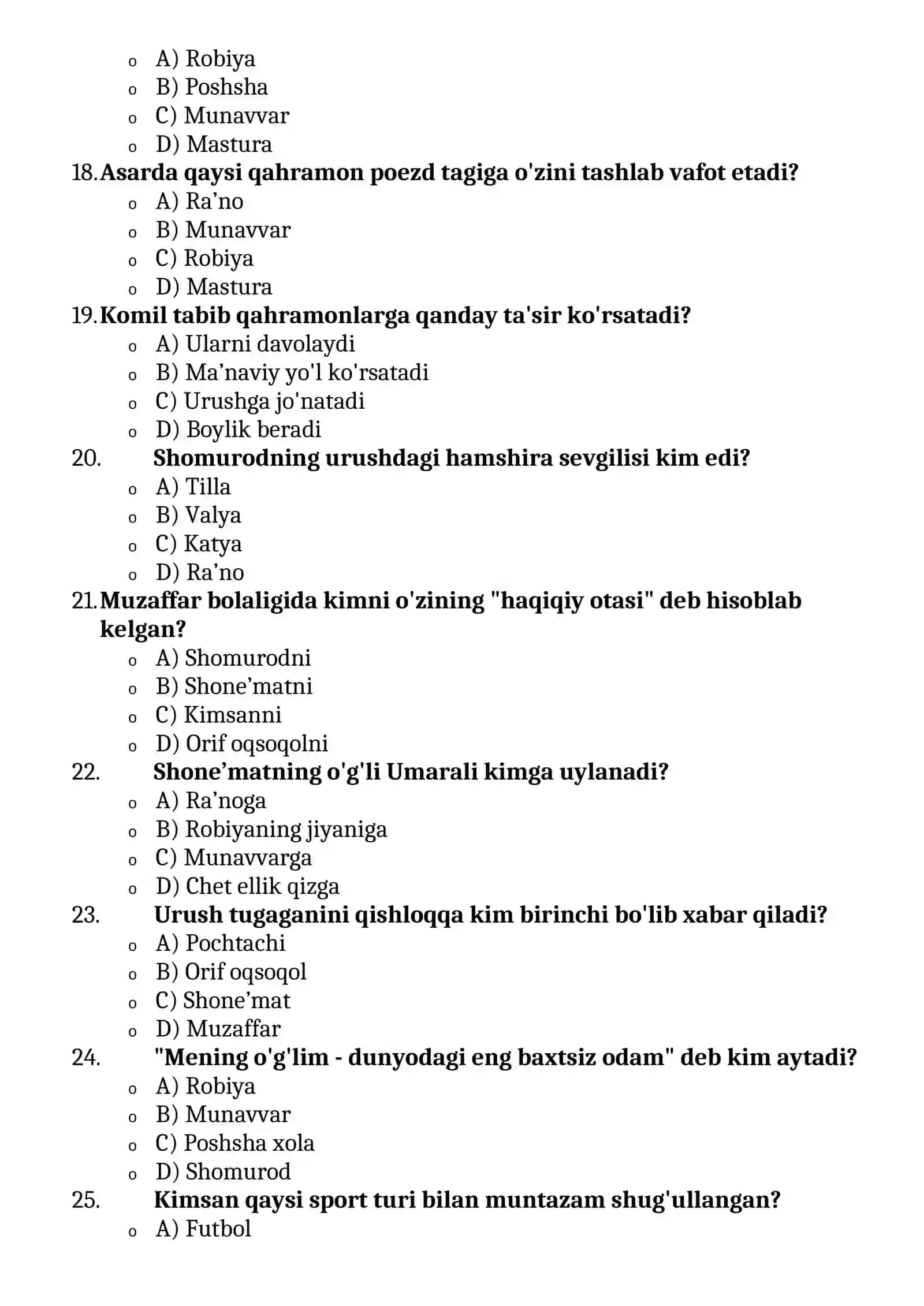 O'tkir Hoshimov - Ikki eshik orasi romani bo'yicha test savollari 4