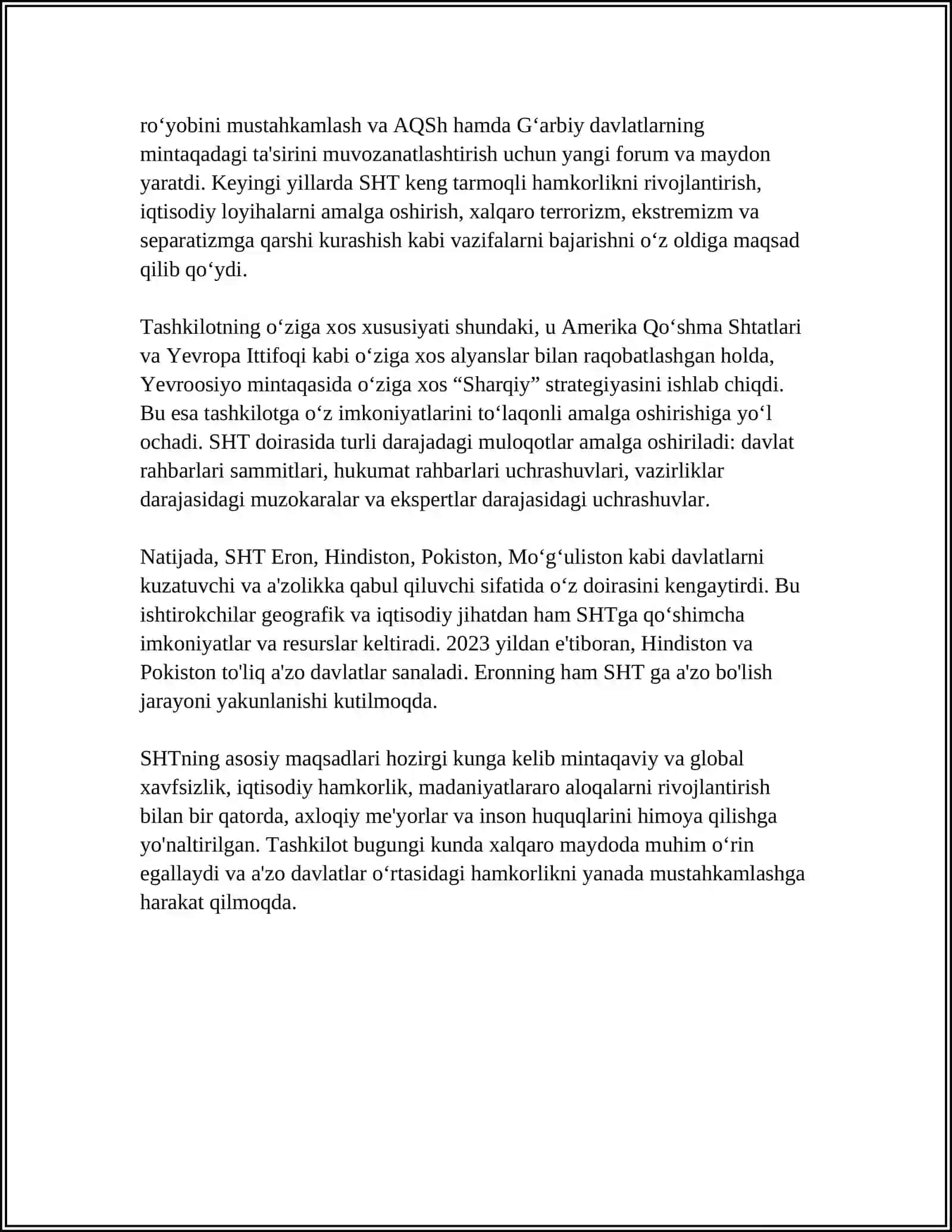SHANXAY HAMKORLIK TASHKILOTI VA UNING ANTITERROR TUZILMASI FAOLIYATINING AHAMIYATI 4