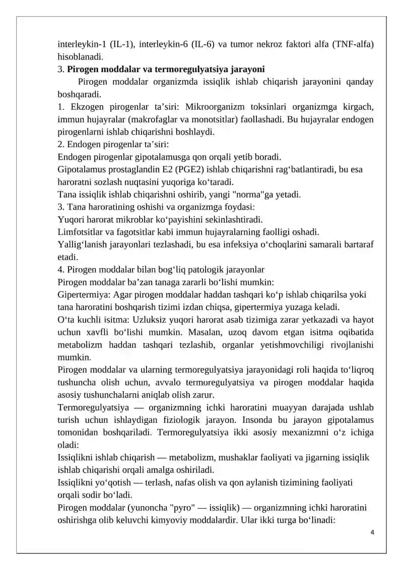 Pirogen moddalar va ularning termoregulyatsiya jarayonidagi ahamiyati 4