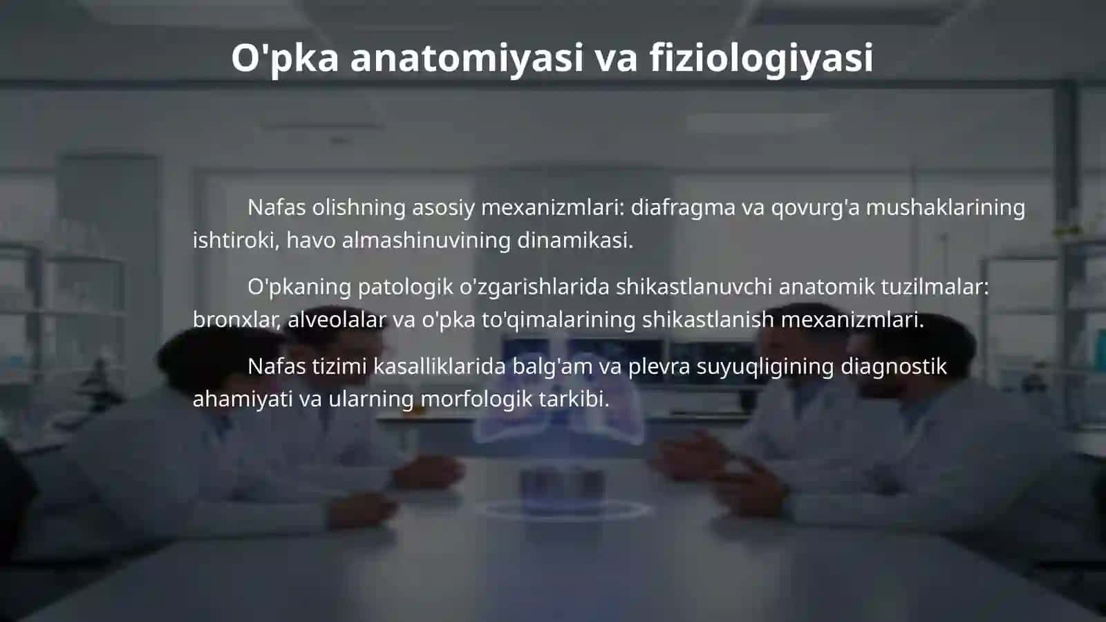Nafas a’zolari kasalliklaridagi balg‘am va plevra suyuqligini labarator tekshiruv natijalarini interpretatsiyasi. 4