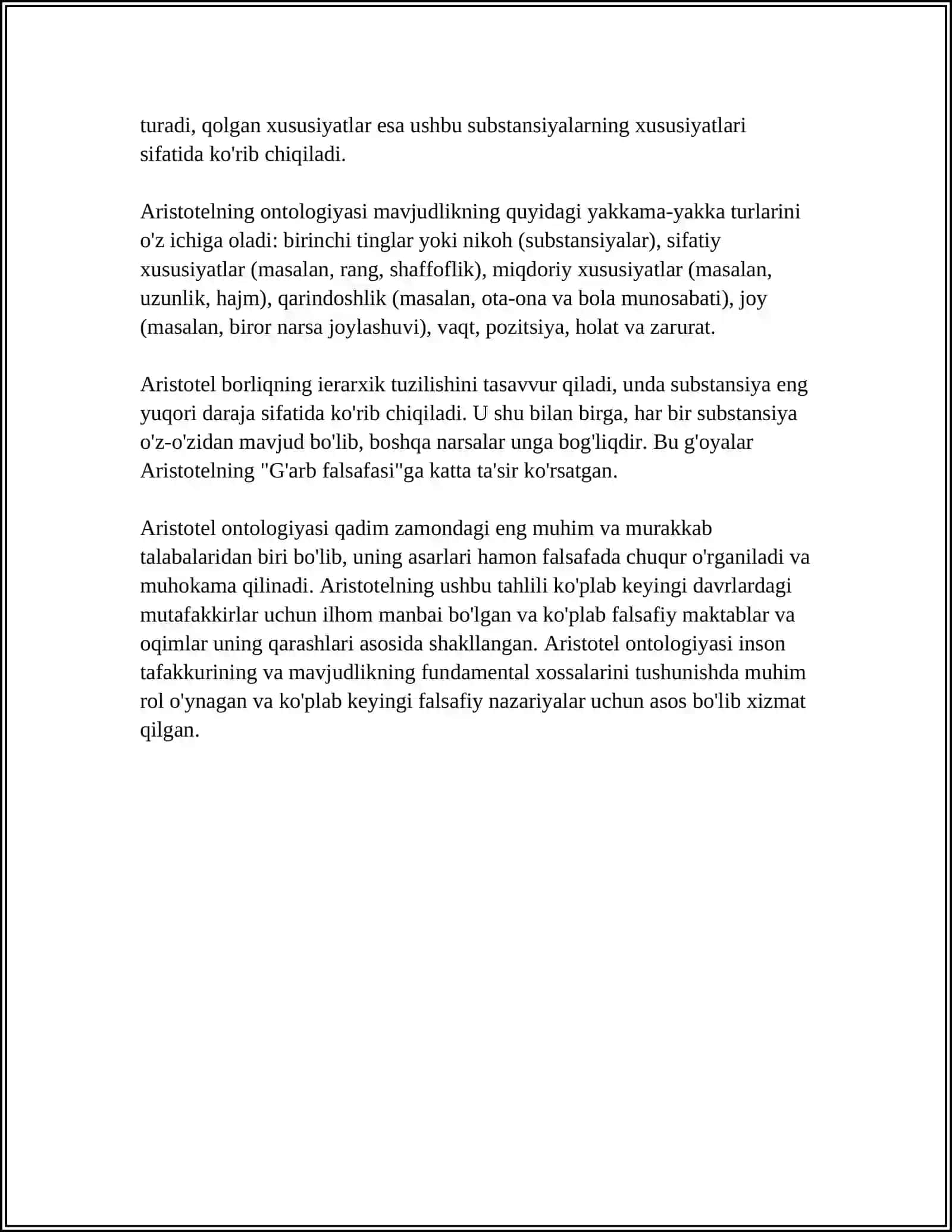 ARISTOTEL, FAROBIY VA KANT ONTOLOGIYASI KATEGORIYALARINI TASNIFI 4