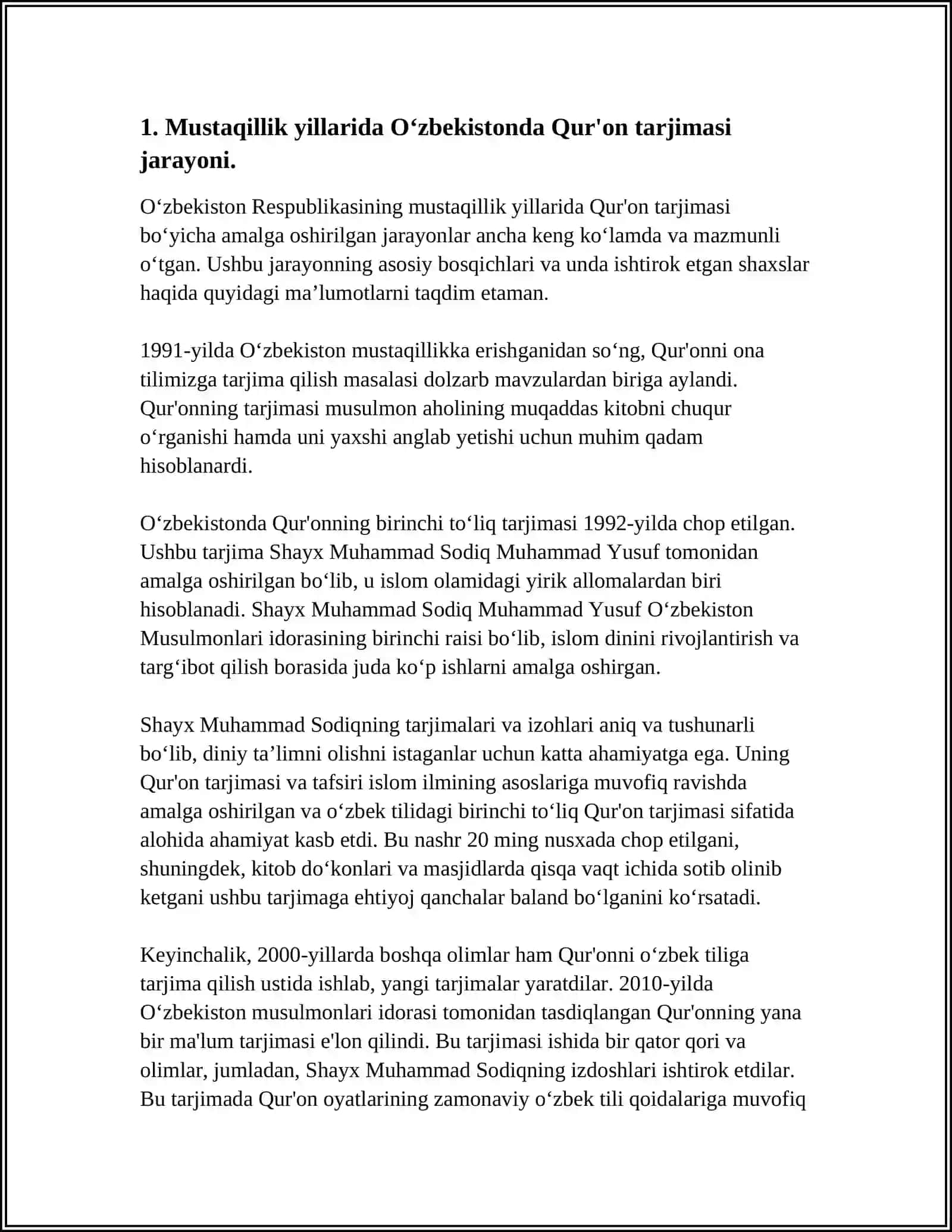 MUSTAQILLIK YILLARIDA QUR'ONNING O'ZBEK TILIGA TARJIMA QILINISHI VA TAVSIFI HAQIDA 4