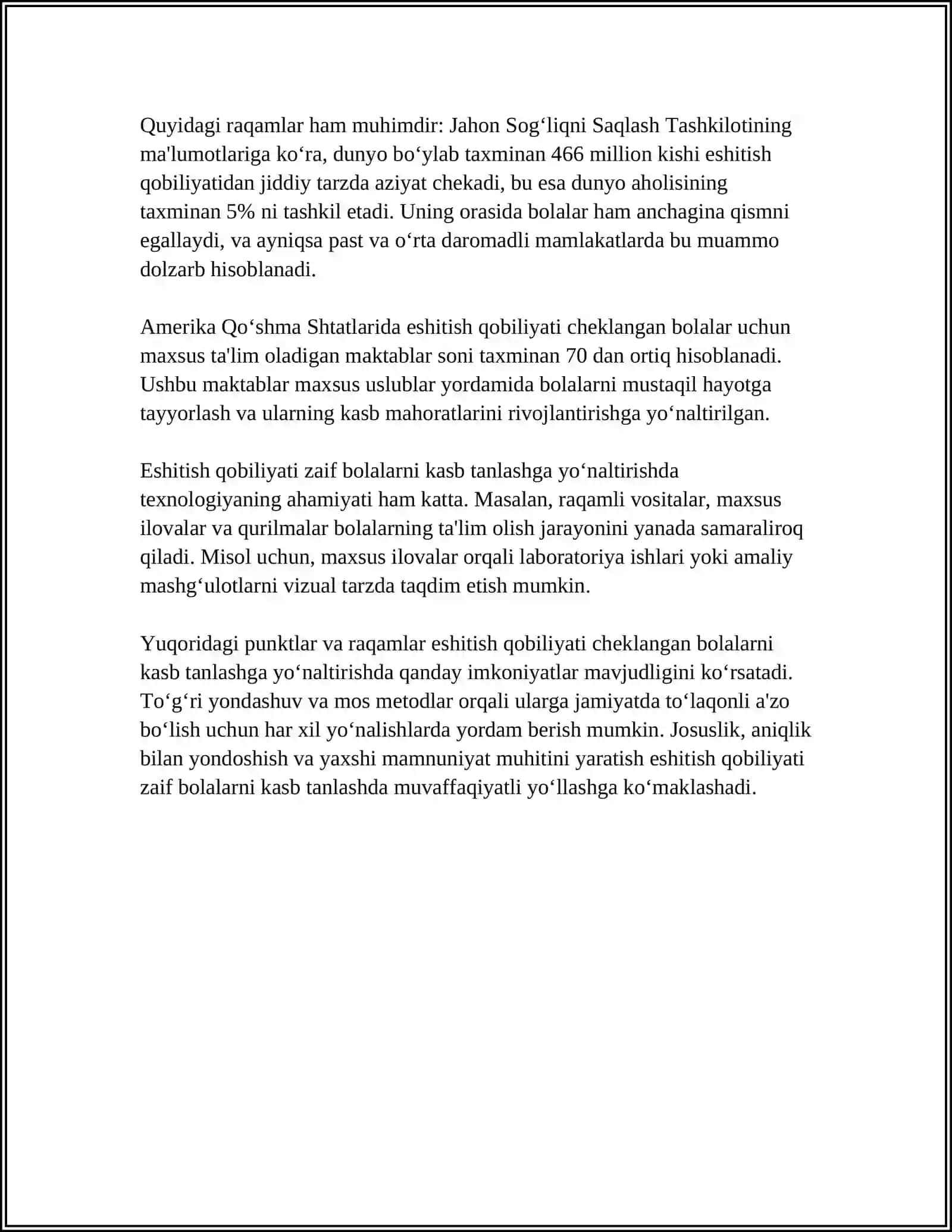 ESHITISHIDA NUQSONI BOLGAN BOLALARNI KASBGA YONALTIRISH 4