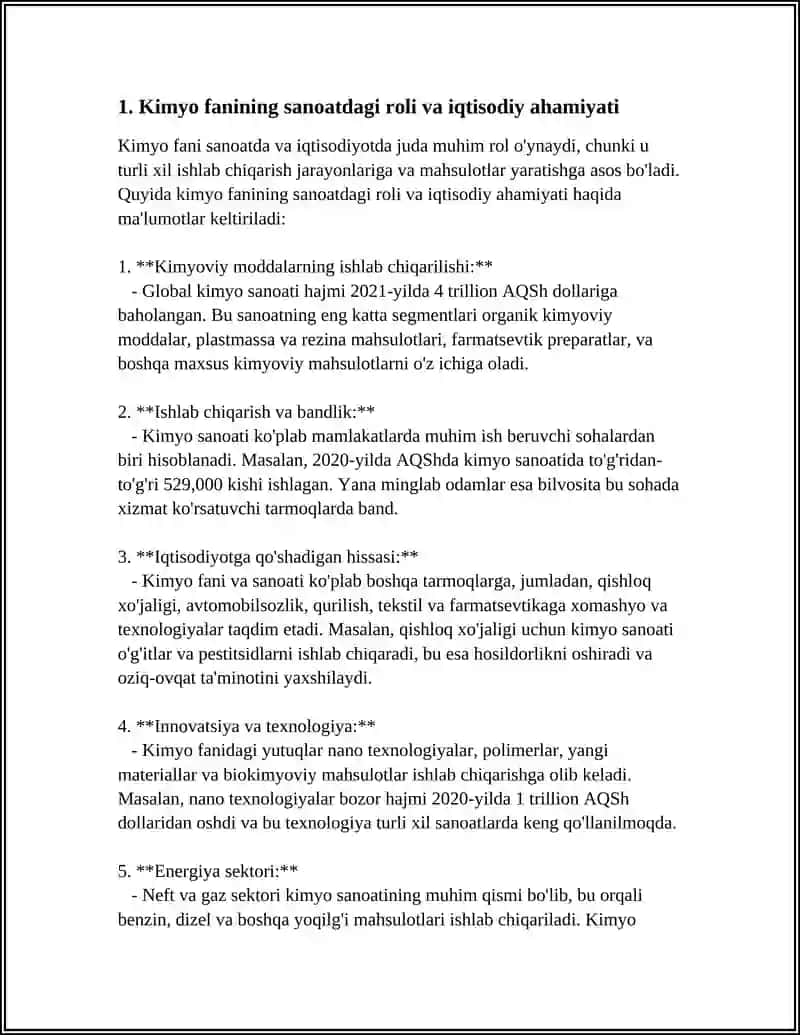 KIMYO FANINING SANOATI VA XALQ XŌJALIGI RIVOJDAGI AHAMIYATI. FANNI RIVOJLANTIRISHDA ŌZ HISSALARINI QŌSHGAN ŌZBEK OLIMLARI.NAVOIYAZOT VA NKMK DA ISHLAB CHIQARADIGAN KIMYOVIY MAHSULOTLAR HAQIDA MA'LUMOT 4