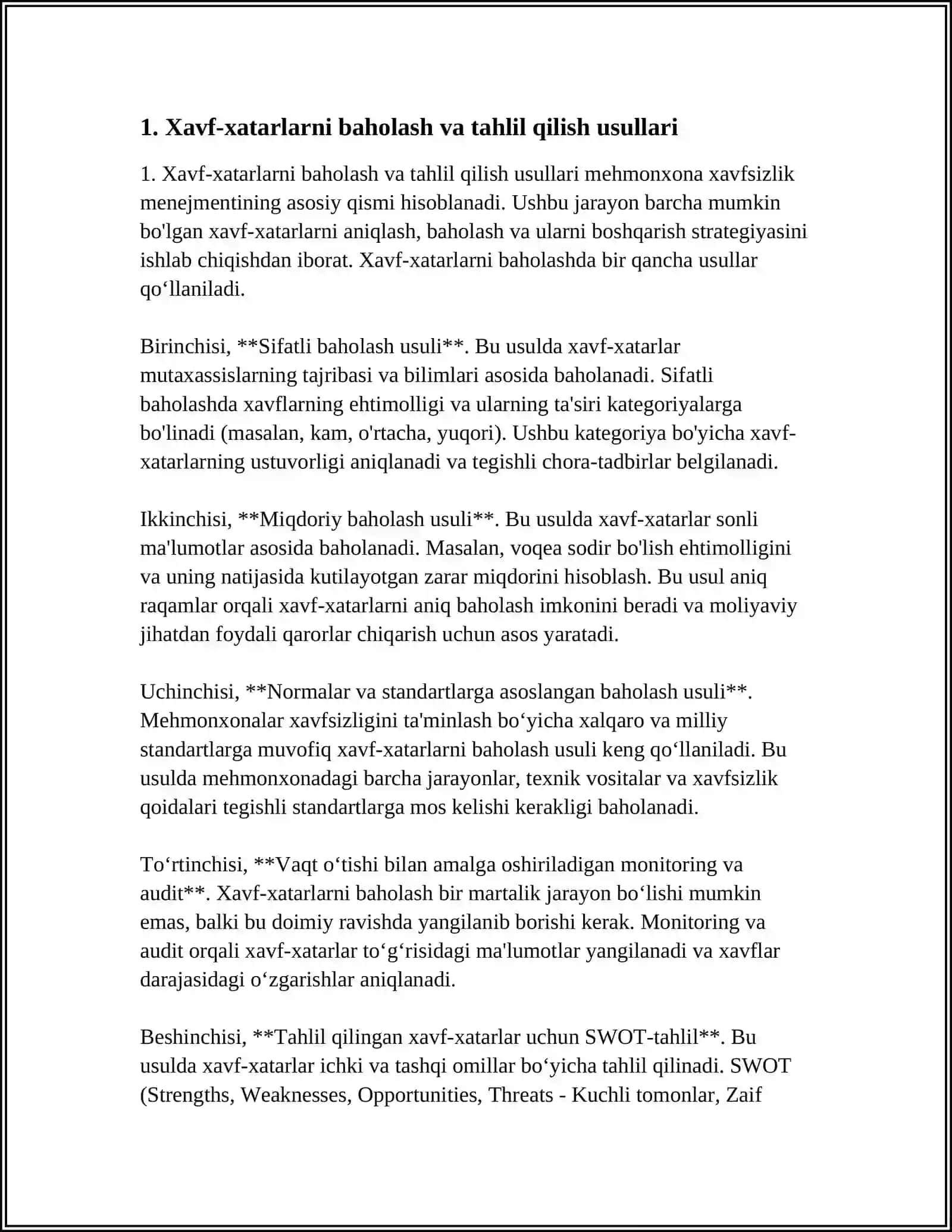 MEHMONXONADA XAVFSIZLIK MENEJMENTI:RISKLAR VA FAVQULODDA VAZIYATLAR REJASI 4