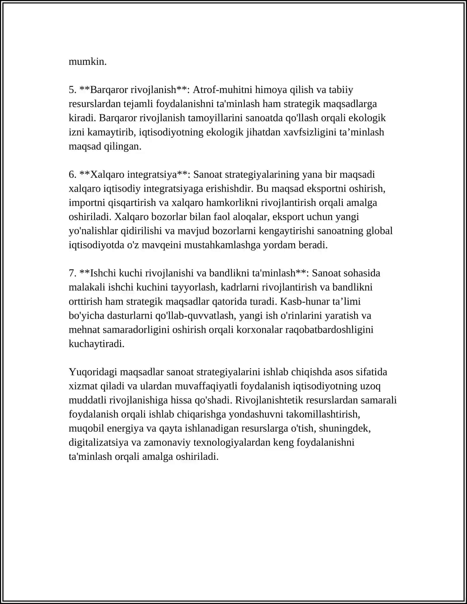 MUSTAQIL ISH Mavzu: STRATEGIK USTUVORLIKLARNI ISHLAB CHIQISHNING ASOSIY TALABLARI SANOAT STRATEGIYASI 4