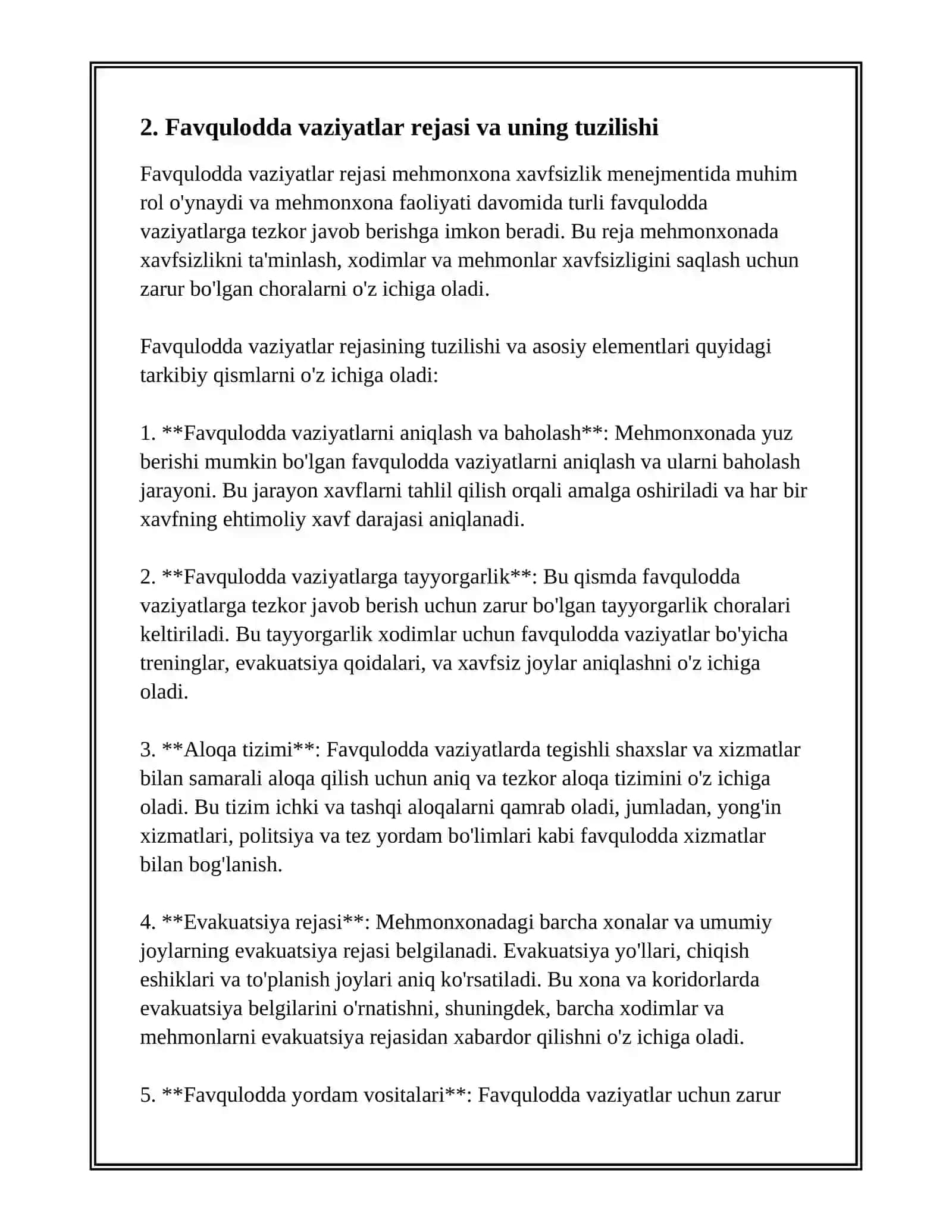MEHMONXONADA XAVFSIZLIK MENEJMENTI:RISKLAR VA FAVQULODDA VAZIYATLAR REJASI 4