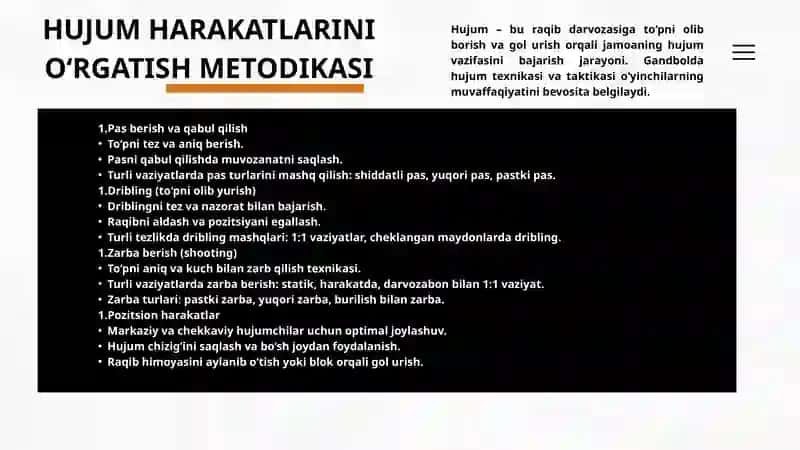 GANDBOL O'YINIDA HUJUM VA HIMOYA HARAKATLARINI O'RGATISH METODIKASI 4