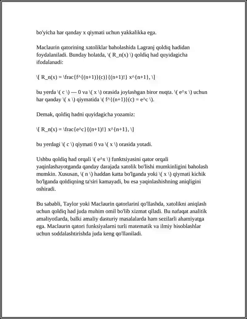 FUNKSIYALARNI TEYLOR VA MAKLOREN QATORLARIGA YOYISHGA MISOLLAR 4