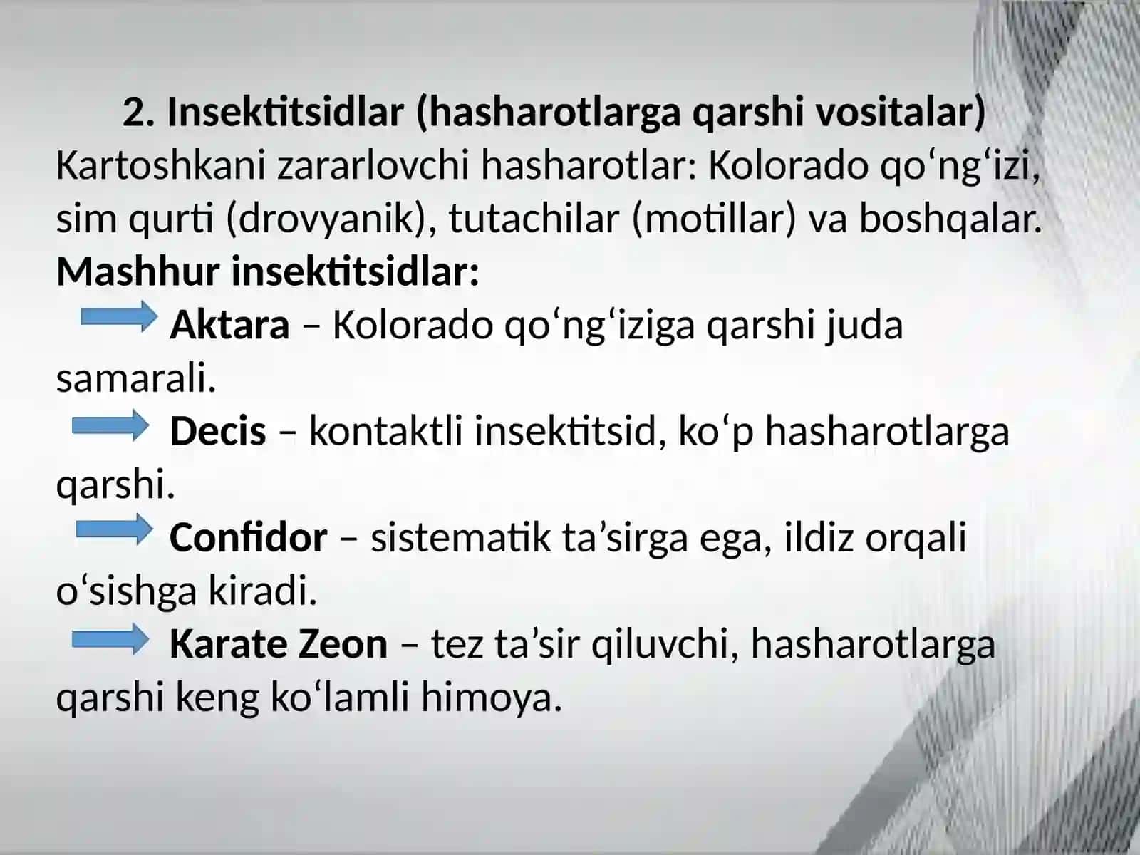 KARTOSHKANI ZARAKUNANDA VA KASALLIKLARDAN HIMOYA QILISHDA QO'LLANILADIGAN KIMYOVIY VOSITALAR 4