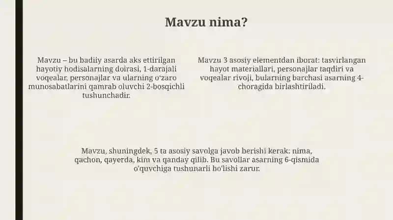 Badiiy asarda mazmun va shakl, mavzu va gʻoya 4