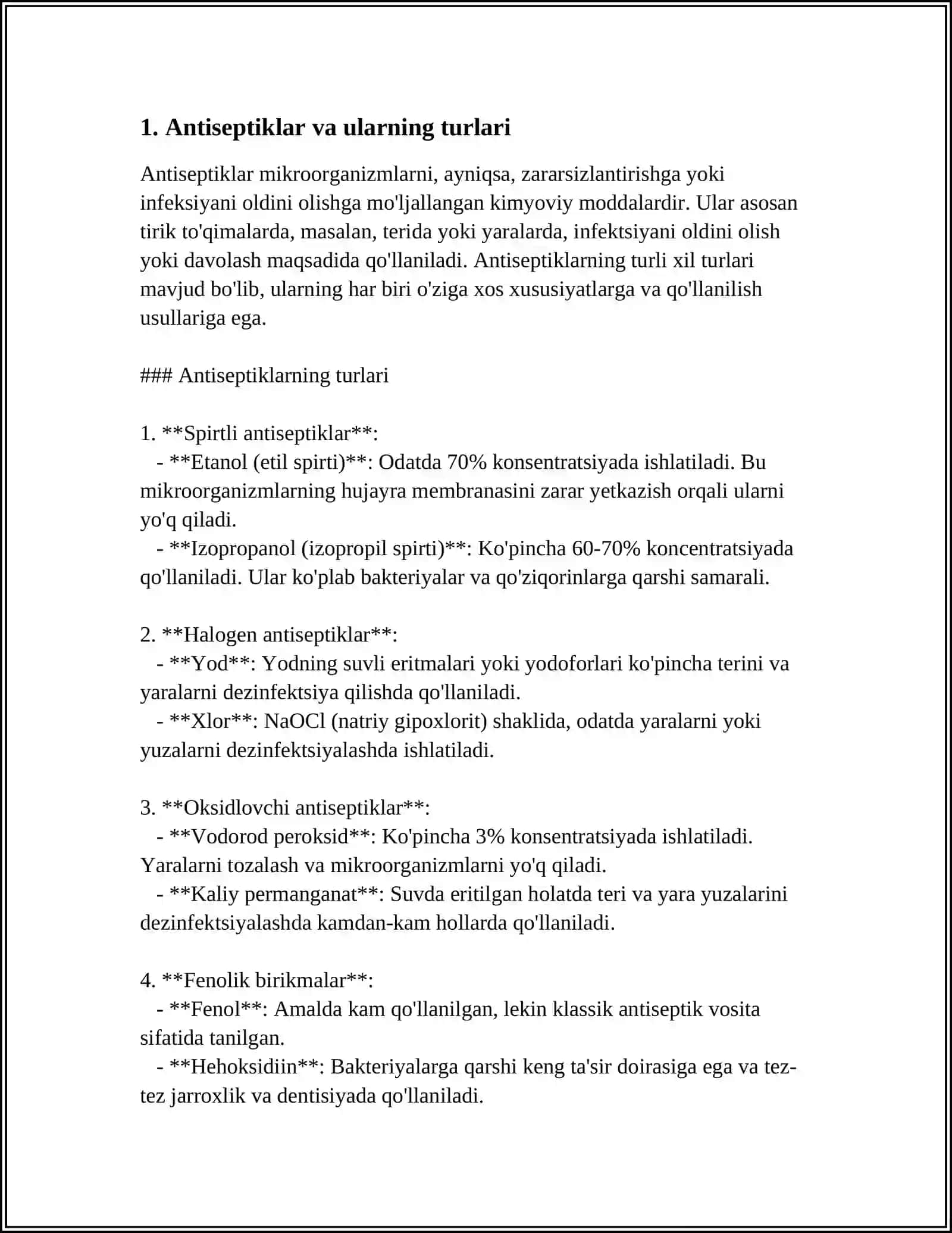 ANTISEPTIKLAR VA DIZENFIKSIYALOVCHI DORI VOSITALARI. SULFANILAMIDLAR, NITROFURANLAR, 8 OKSIXINOLIN, FTORXINOLON UNUMI FARMAKOLOGIYASI 4