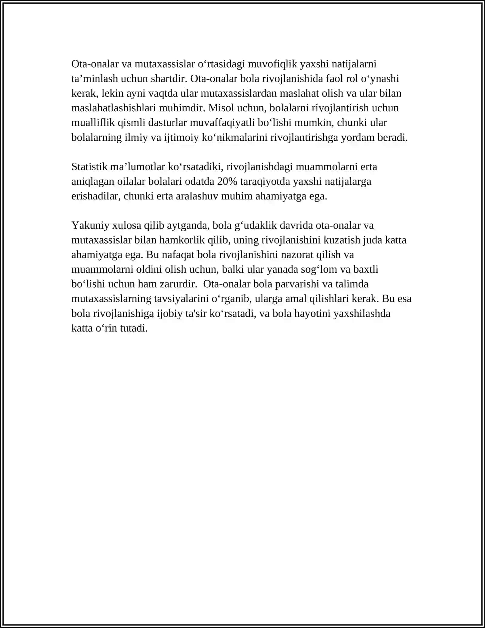 BOLA RIVOJLANISHINING GÓDAKLIK, ILK YOSH VA MAKTABGACHA DAVRLARIDA OILADA TARBIYALASHDA OTA-ONALAR VA MUTAXASSISLARNING ÓZARO HAMKORLIGINING ASOSIY YOʻNALISHLARI 4