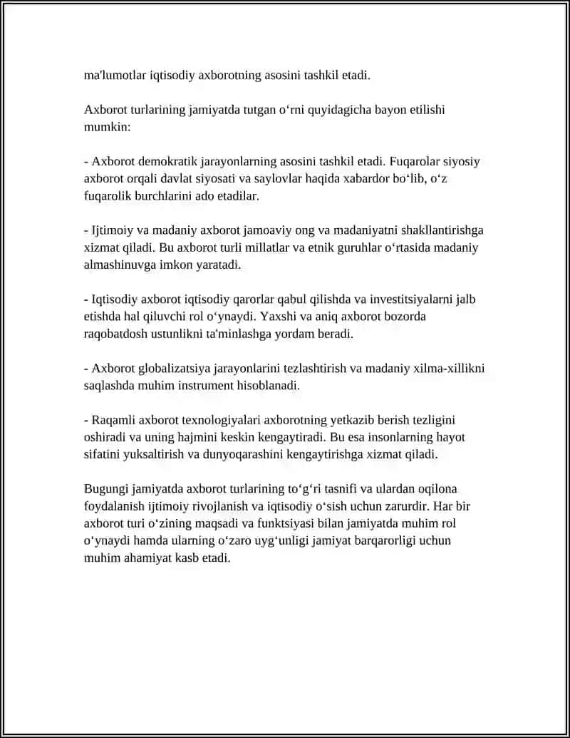 AXBOROT TURLARI: IJTIMOIY VA MADANIY TURMUSH, JAMIYAT SIYOSIY VA IQTISODIY JARAYONLAR BILAN UZVIYLIGI 4