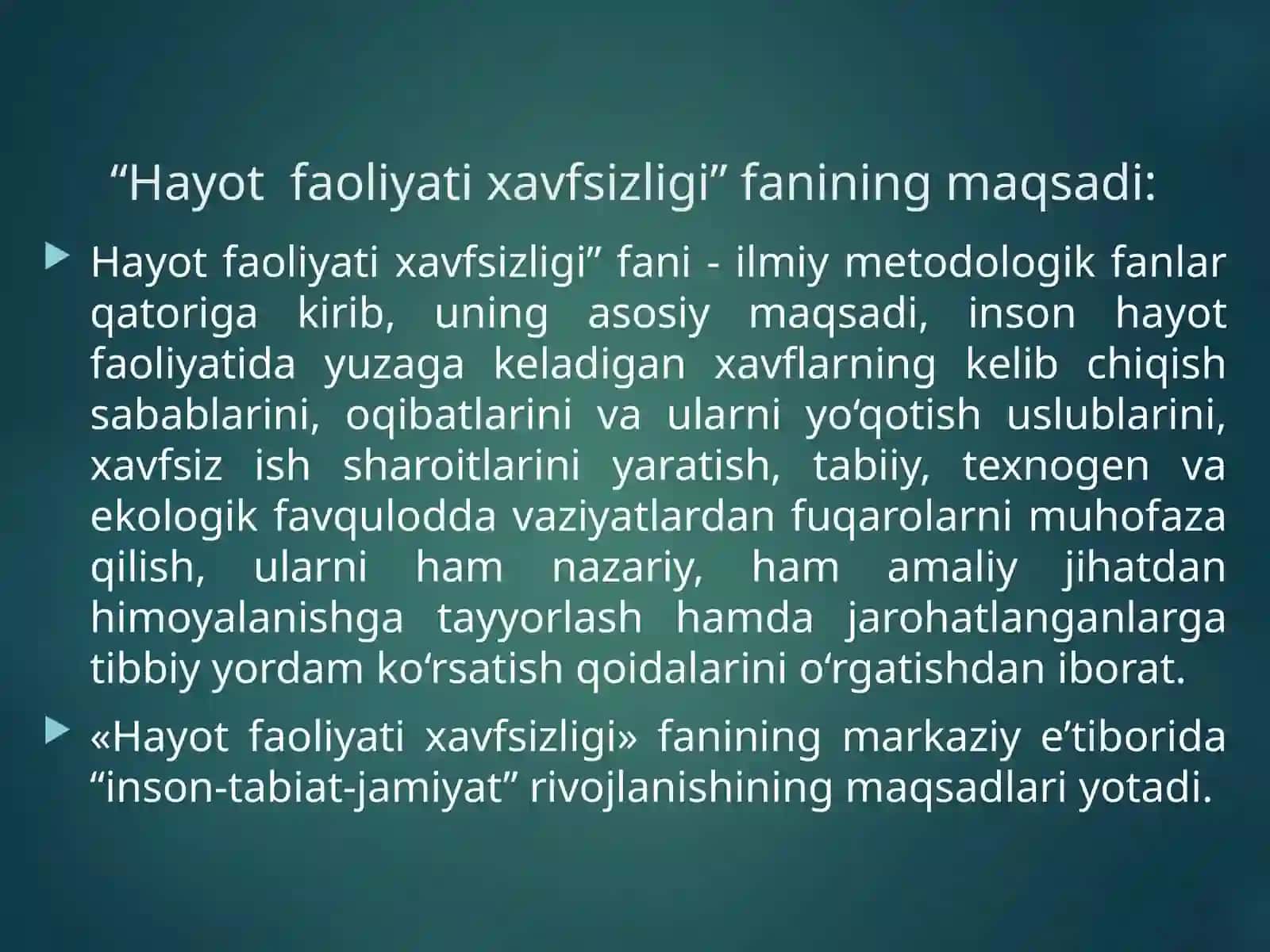 Hayot faoliyati xavfsizligi faniga kirish 4