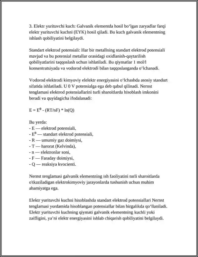 GALVANIK ELEMENT TUSHUNCHASI. VODOROD VA METALNI STANDART ELEKTROD POTENSIALI.NERNST TENGLAMASI. ELEKTR YURUTUVCHI KUCHNI HISOBLASH 4