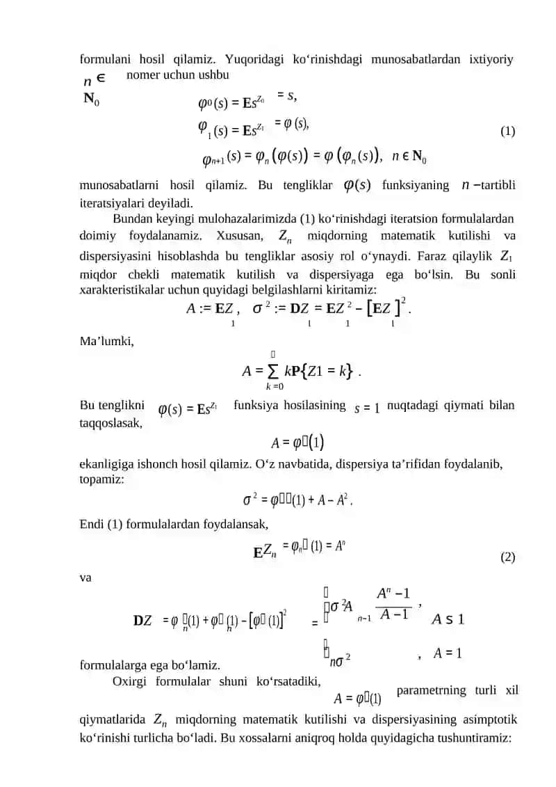 HOSIL QILUVCHI FUNKSIYALAR. MOMENTLAR. HOLATLAR TASNIFI. GALTON-VATSON JARAYONI STRUKTURASI 4