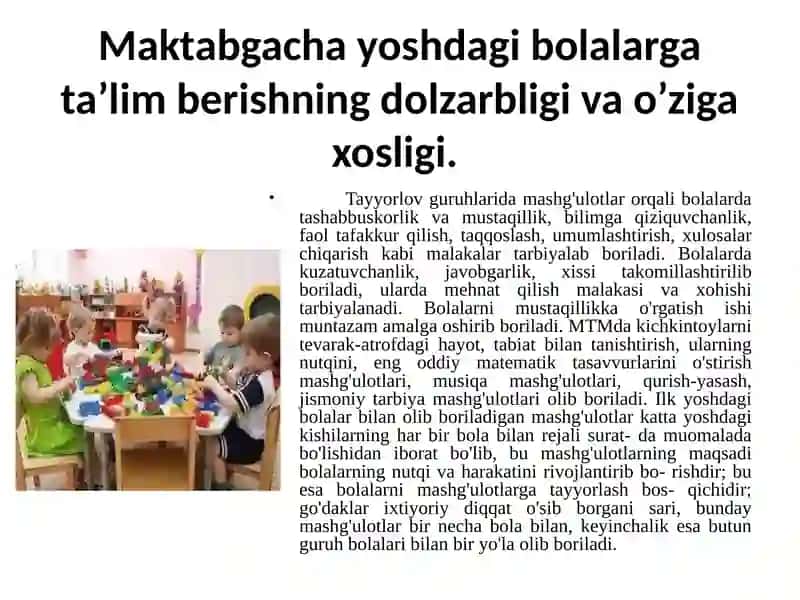 Maktabgacha yoshdagi bolalarga ta’lim berishning o’ziga xosligi 4