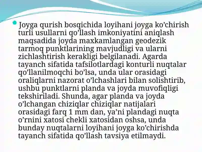 Teodolit yo’lo’tkazish bo’yicha loyihani joyga ko’chirishda geodezik qiymatlarni tayyorlash 4
