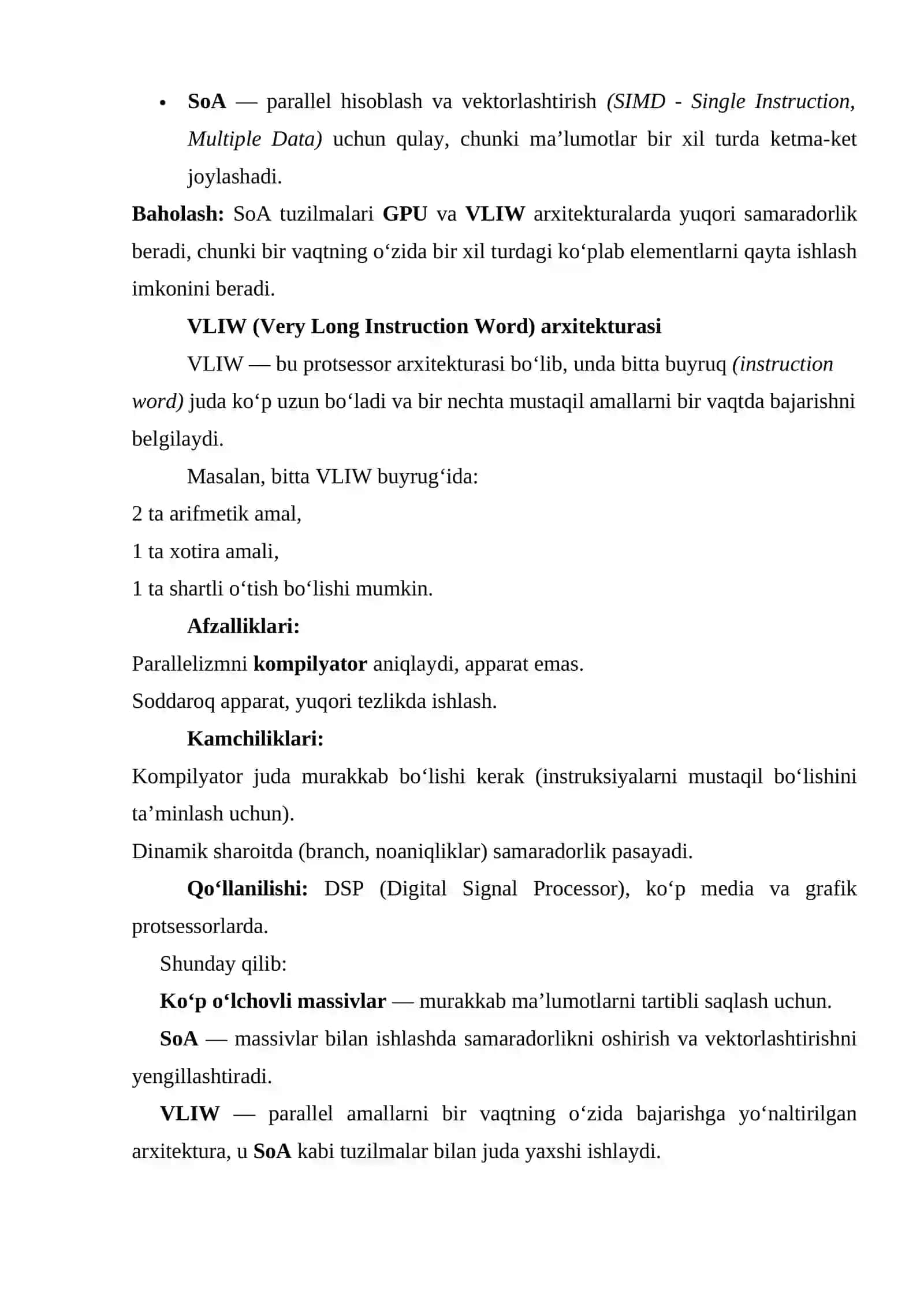 : Ko‘p o‘lchovli massivlar. Massivlardan strukturaning ishlashini baholash (SoA). VLIW (Very Long Instruction Word) arxitekturasi. 4