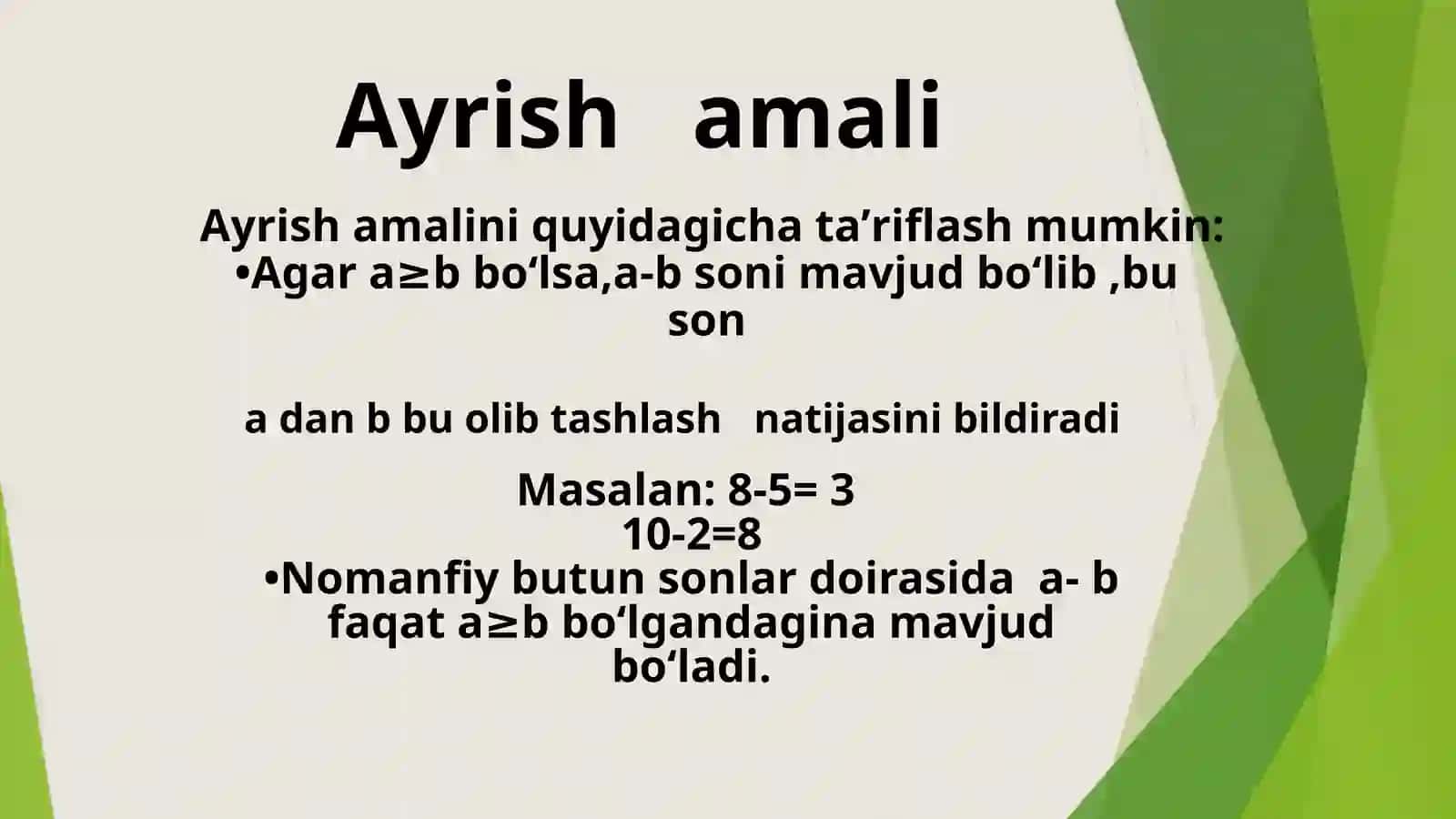 Koʻpaytirish qonunlari.Ayrish va boʻlishning taʼrifi.Manfiy butun sonlarni koʻpaytirish amalining aksiomatik taʼrifi.Koʻpaytirish qonunlari. Ayrish va boʻlishning taʼrifi.Nolga boʻlishning mumkin emasligi Qoldiqli boʻlish 4
