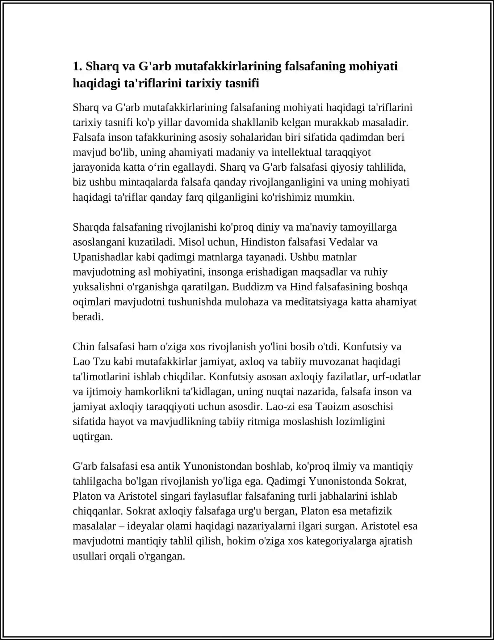FALSAFANING MOHIYATIGA OID SHARQ VA G'ARB MUTAFAKKIRLARI TA'RIFLARINIINI TASNIFLASH 4
