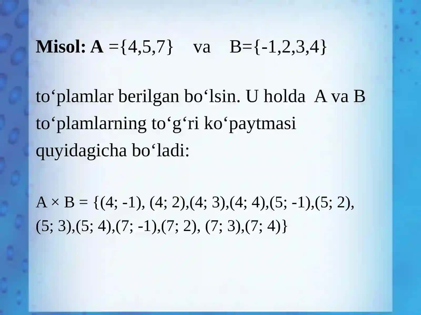 To`plamlarning dekart ko’paytmasi 4