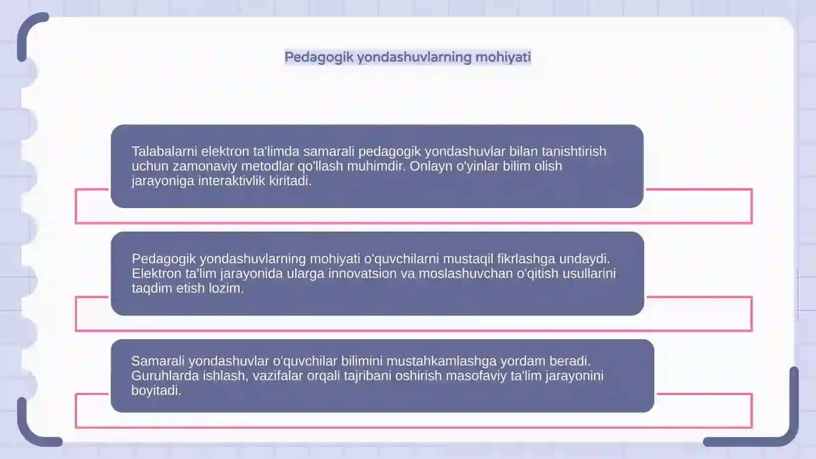 Talabalarni elektron ta'limda samarali pedagogik yondashuvlar bilan tanishtirish(Onlayn o'yin shaklida) 4