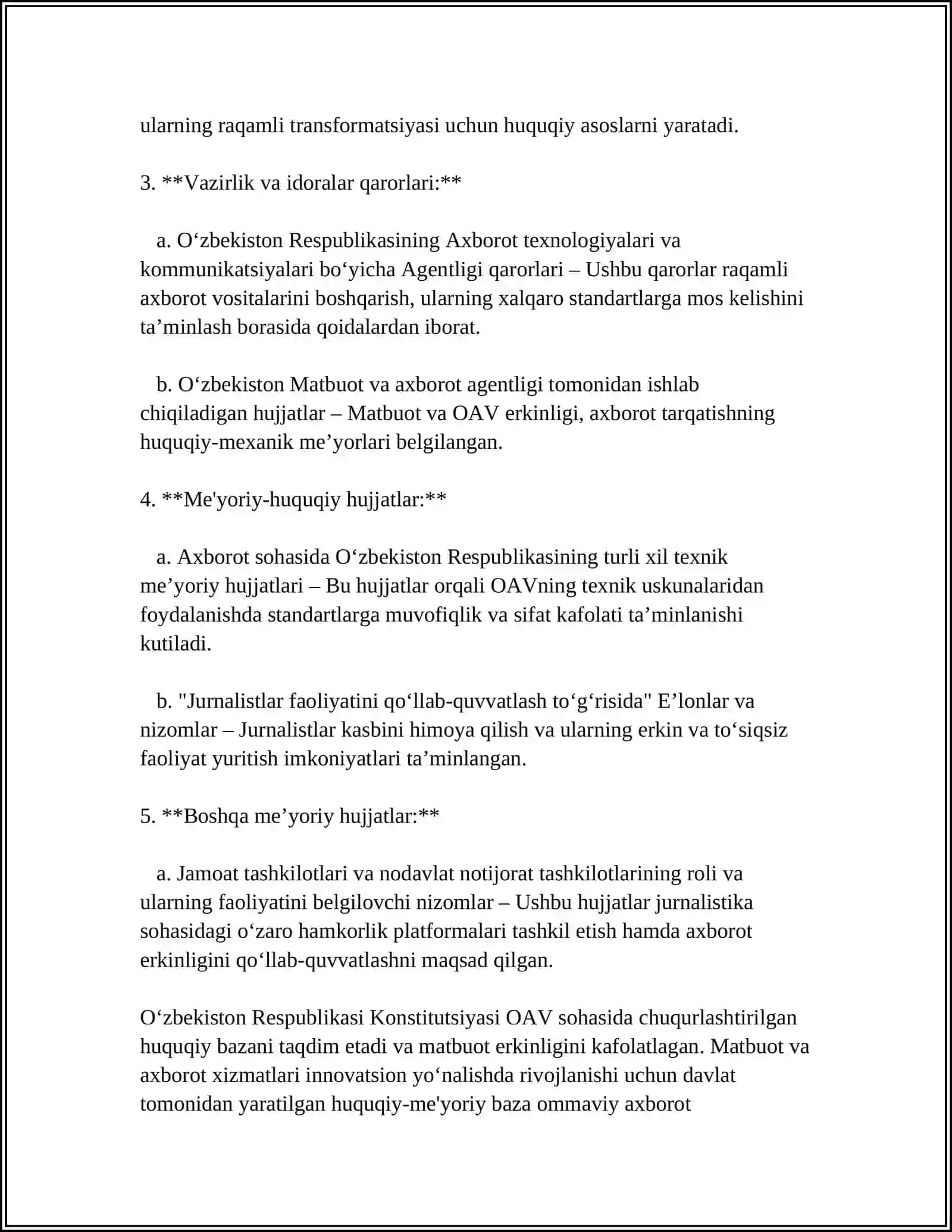 OAVlar faoliyatini tartibga soluvchi qonun va me'yoriy hujjatlar 4