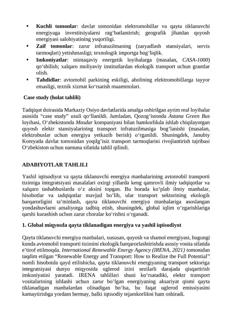 O‘ZBEKISTON AVTOMOBIL TRANSPORTI TIZIMIDA QAYTA TIKLANUVCHI ENERGIYA MANBALARINI JORIY ETISH: MARKAZIY OSIYO MAMLAKATLARI BILAN HAMKORLIK ISTIQBOLLARI 4