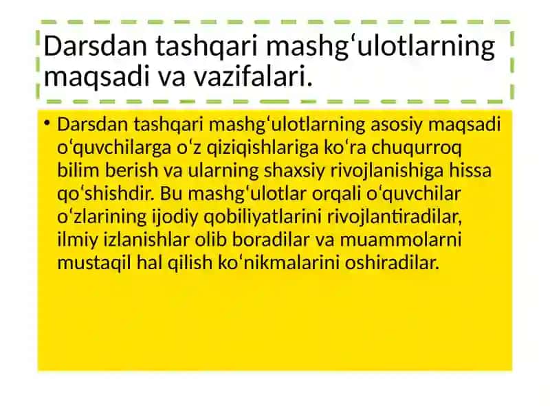 Darsdan tashqari mashgʻulotlarni oʻtkazish stsenariylari bilan tanishish 4