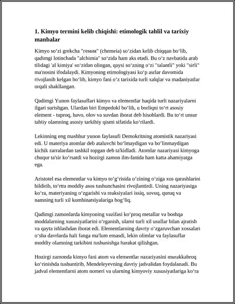 KIMYO TERMININING KELIB CHIQISHINI TAHLIL QILISH.YUNON FAYLASUFLARINING ATOM VA ELEMENT TO‘G‘RISIDAGI TUSHUNCHALARINI HOZIRGI ZAMON TUSHUNCHALARI BILAN SOLISHTIRISH 4