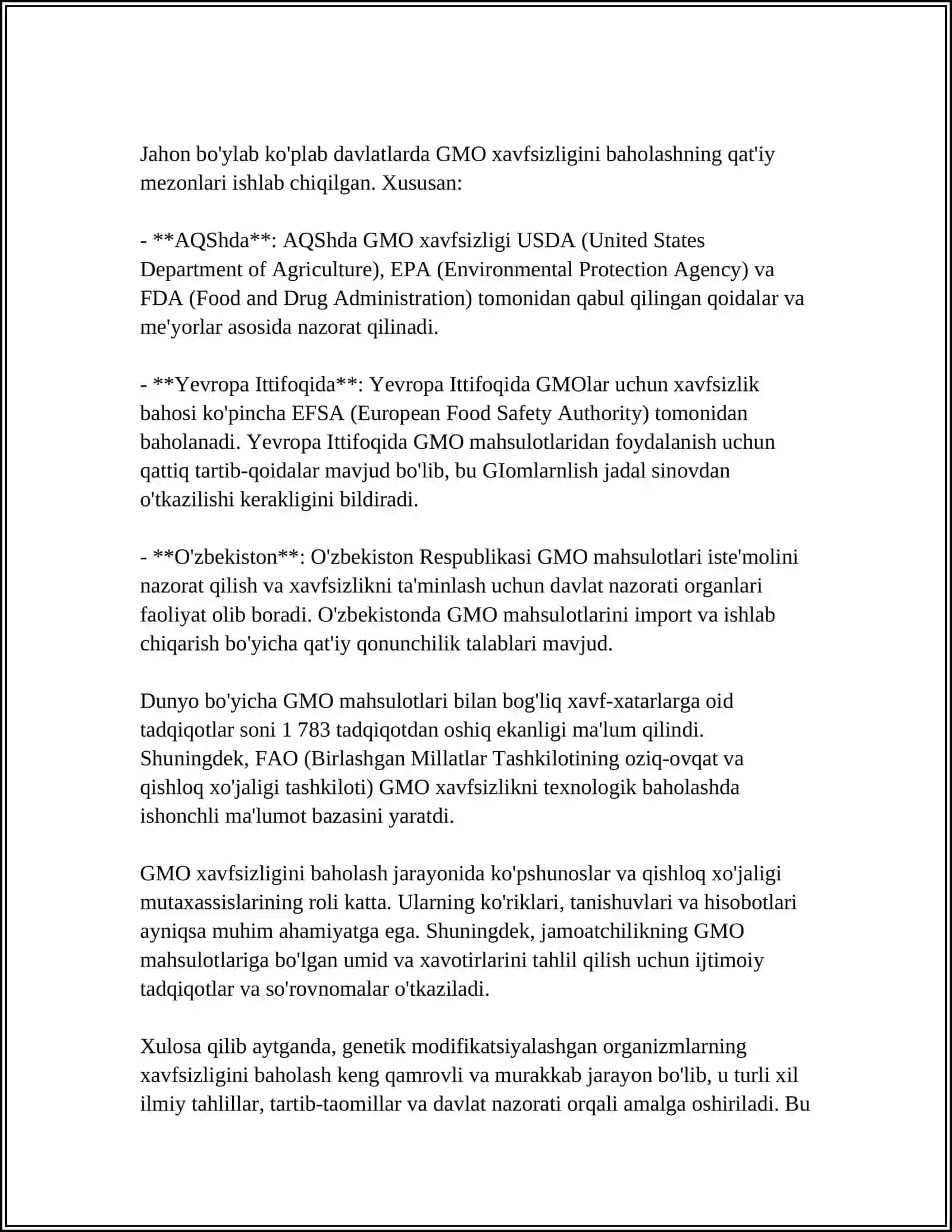 GENETIK MODIFAKATSIYALASHGAN ORGANIZMLARNING ILMIY ASOSLANGAN XAVFLARINI HISOBGA OLISH 4